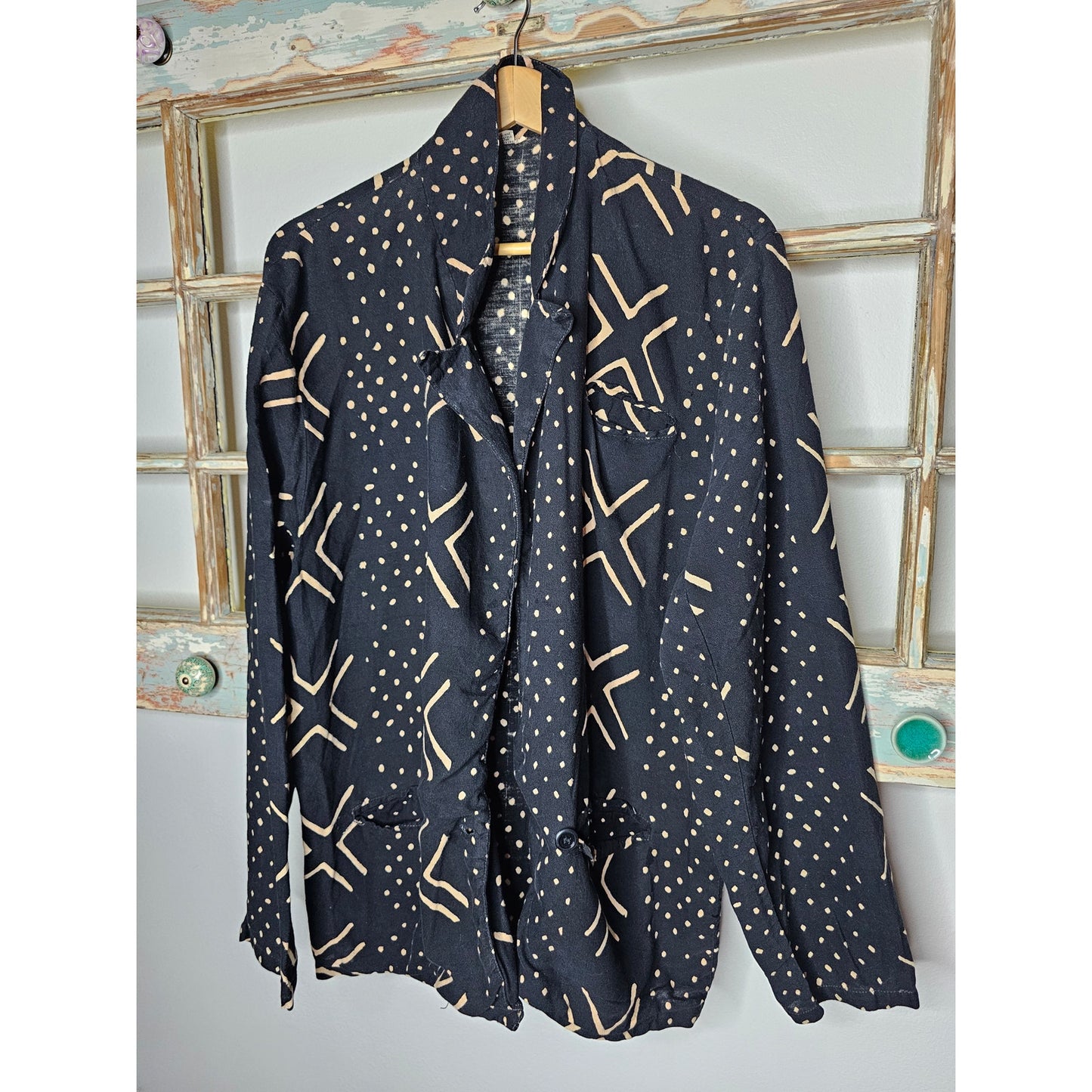 Boho Black/ Tan Open lightweight Geometric Pattern Blazer Size Large