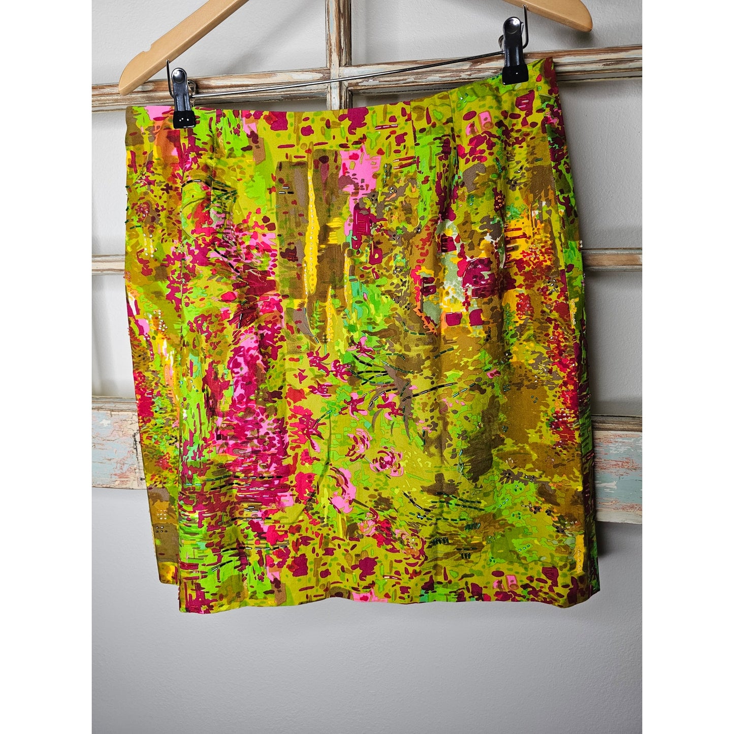 Etcetera Lined Abstract Skirt Womens Size 12 Green Multi Beaded Pencil