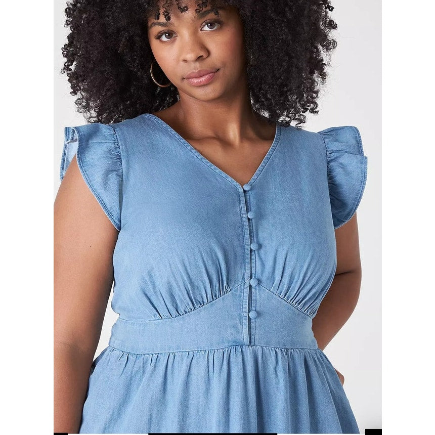 Lane Bryant Denim Chambray V-neck Ruffle Cap Sleeve Dress Ladies size 16