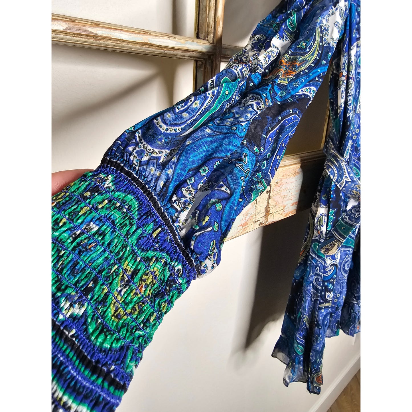 NWT Hale Bob Paisley Blue lightweight Dress Sheer long Sleeves ladies size XS