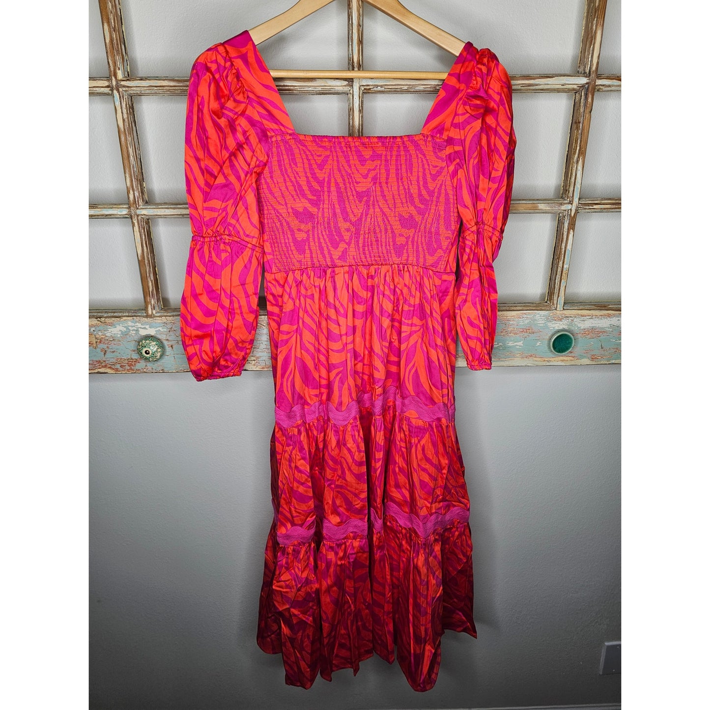 NWT Alden Adair Mia Cotton Tiered Zebra Dress in Pink/Red Ladies Size Small