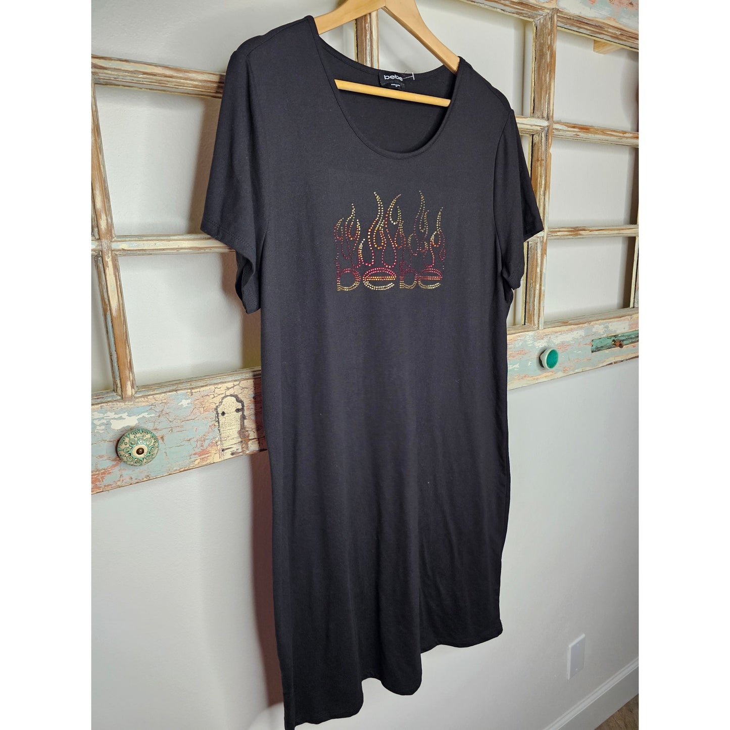 NWOT BeBe Black Tee Dress With Flame Fire Bling Ladies size 2X