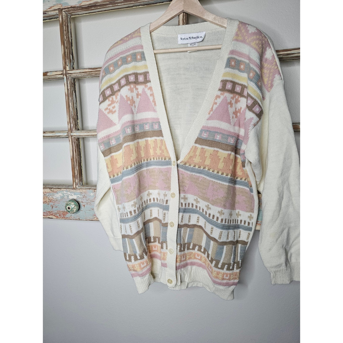 Vintage Button Up Cream Cardigan W/ Pastel Linear Design size Medium