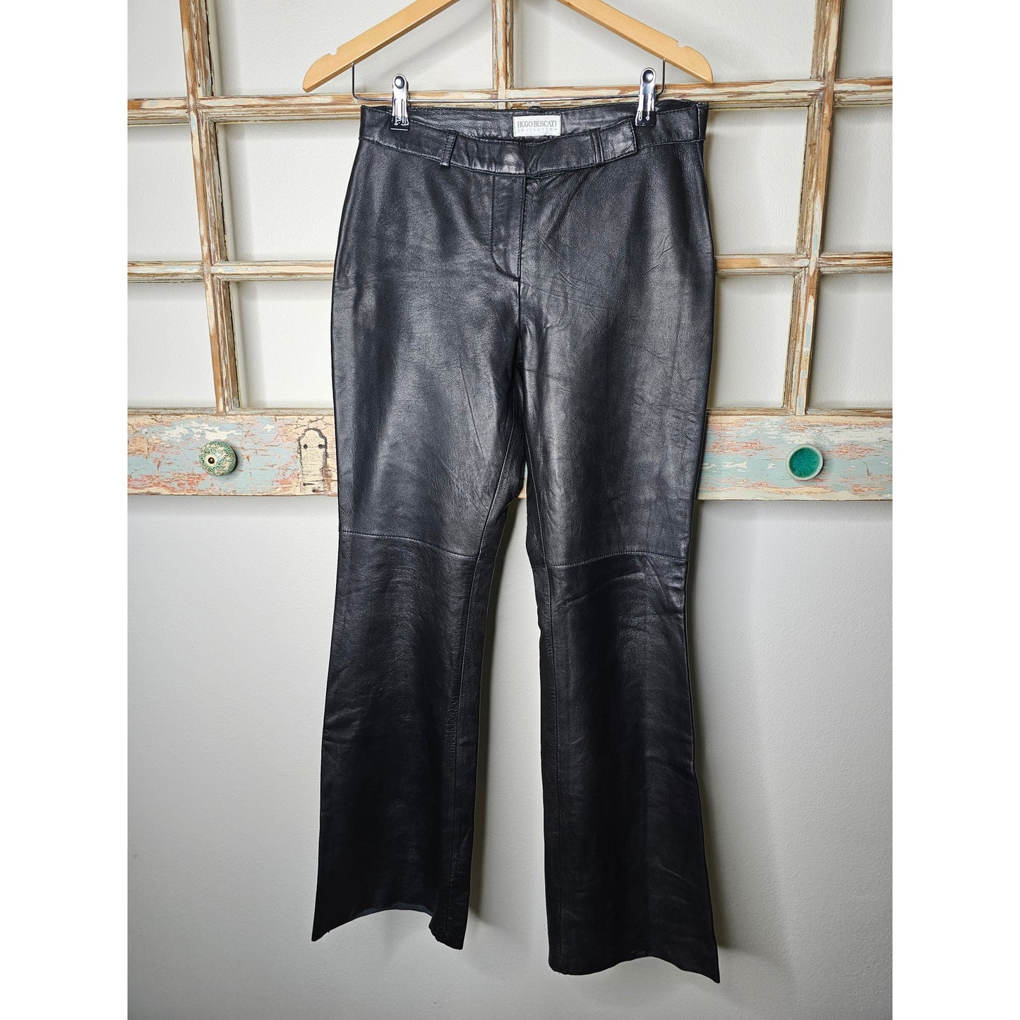 Hugo Buscati Black Leather Straight Leg Pants Motorcycle, riding, biker chic Size 8