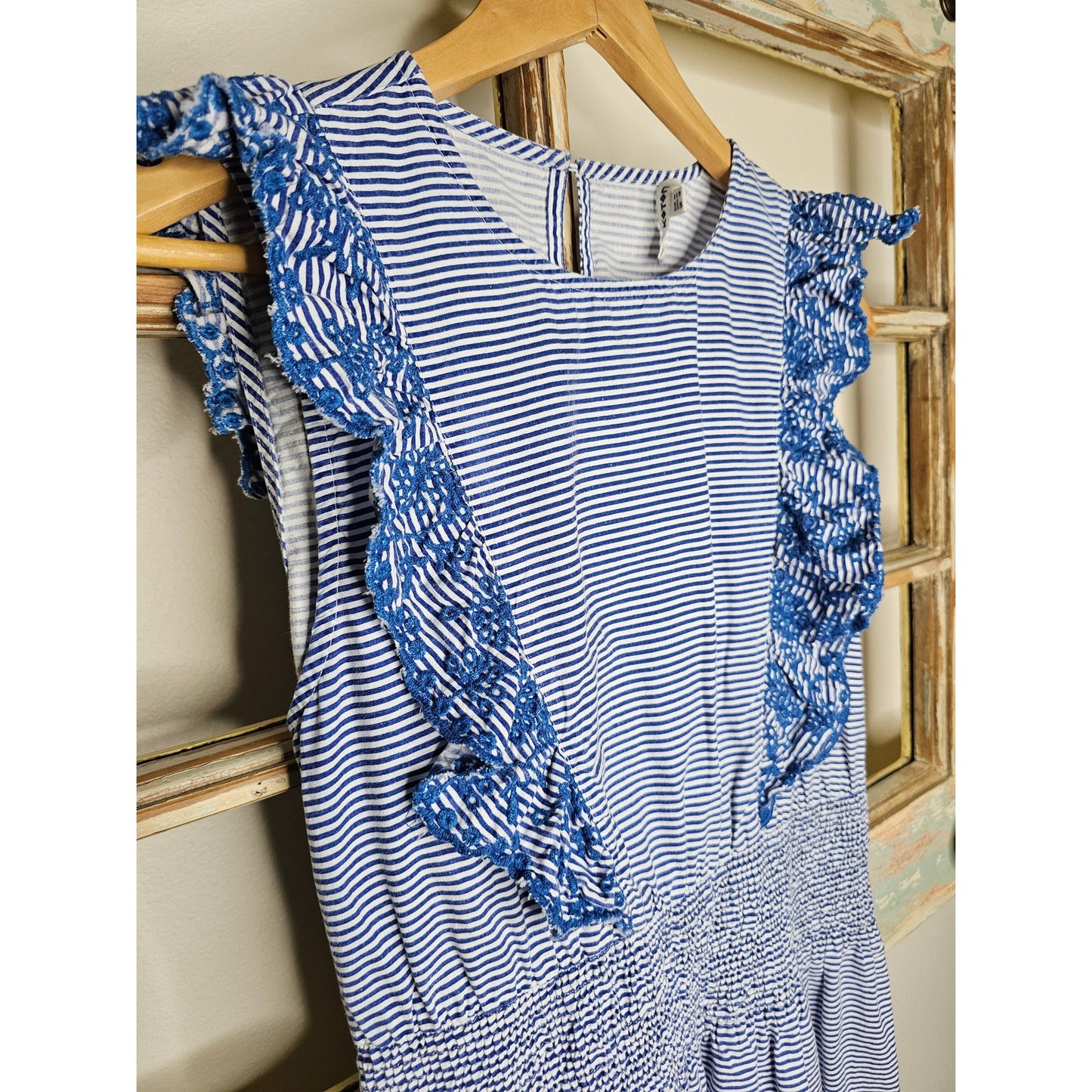 Koton Blue & White Stripe Midi Dress with Ruffles and Embroidery Ladies size Medium