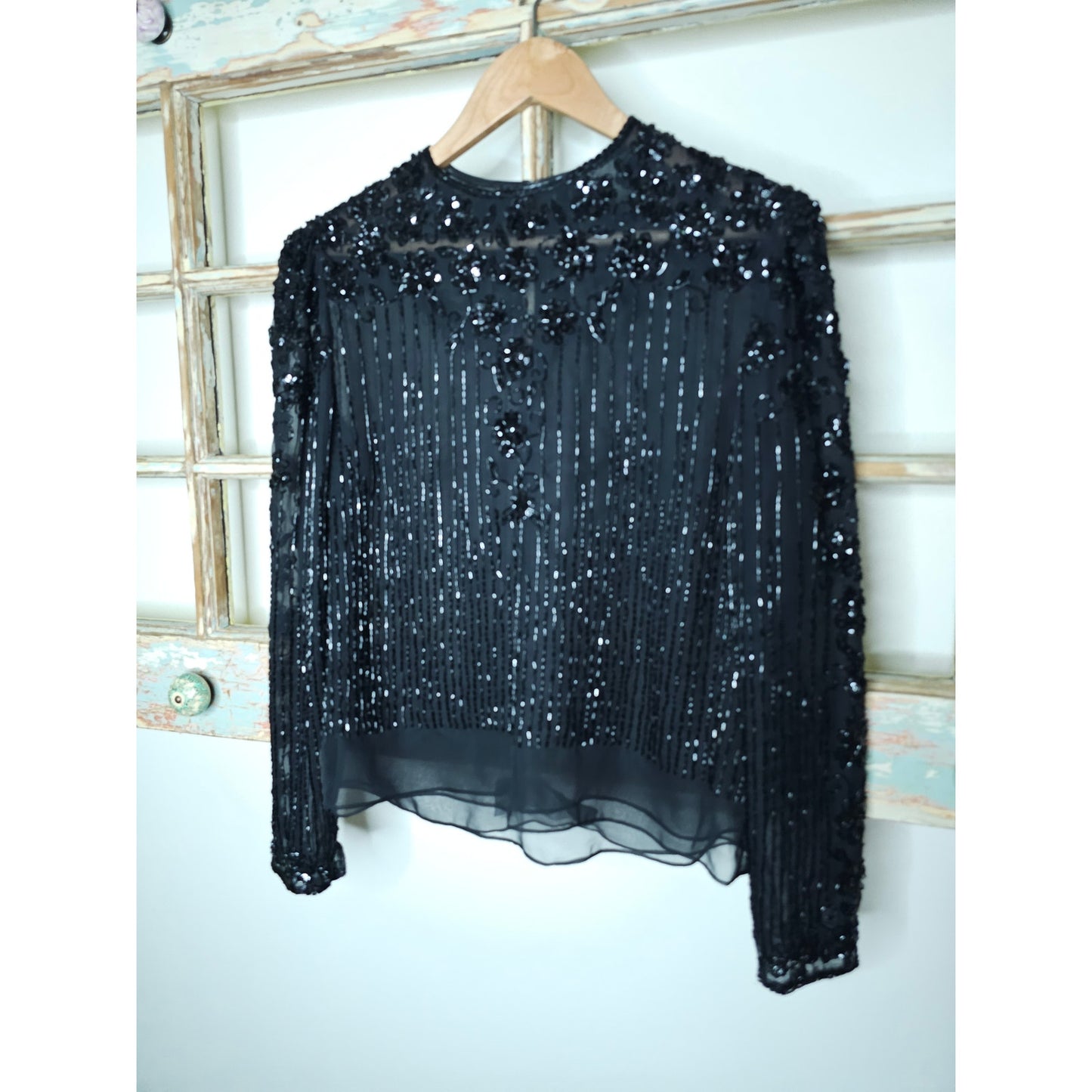 Vintage Black Beaded Long Sleeve Lined Blouse Ladies Size 12