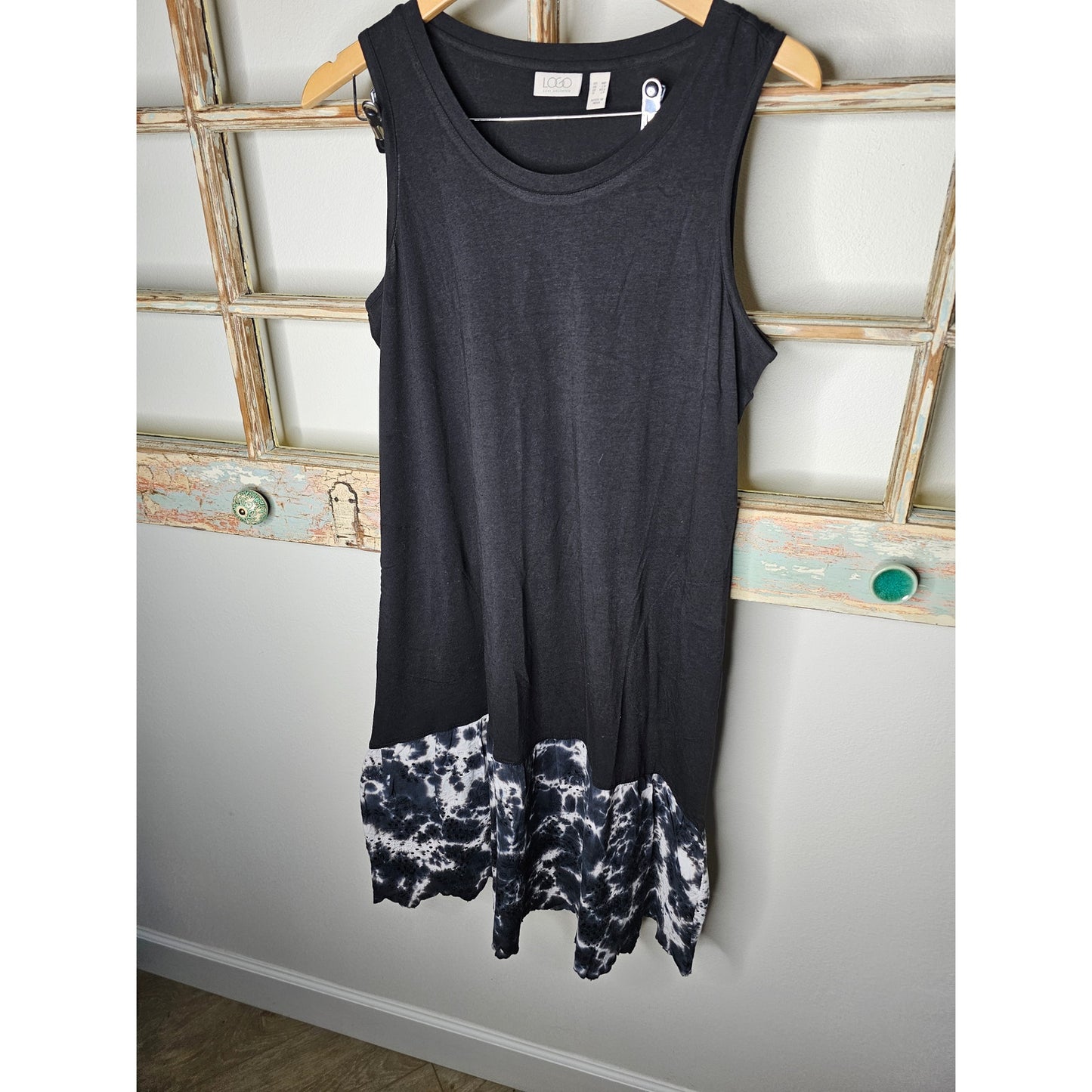 LOGO Lori Goldstein Black and Tan Sleeveless Midi Dress W/ Tie Dye size Medium