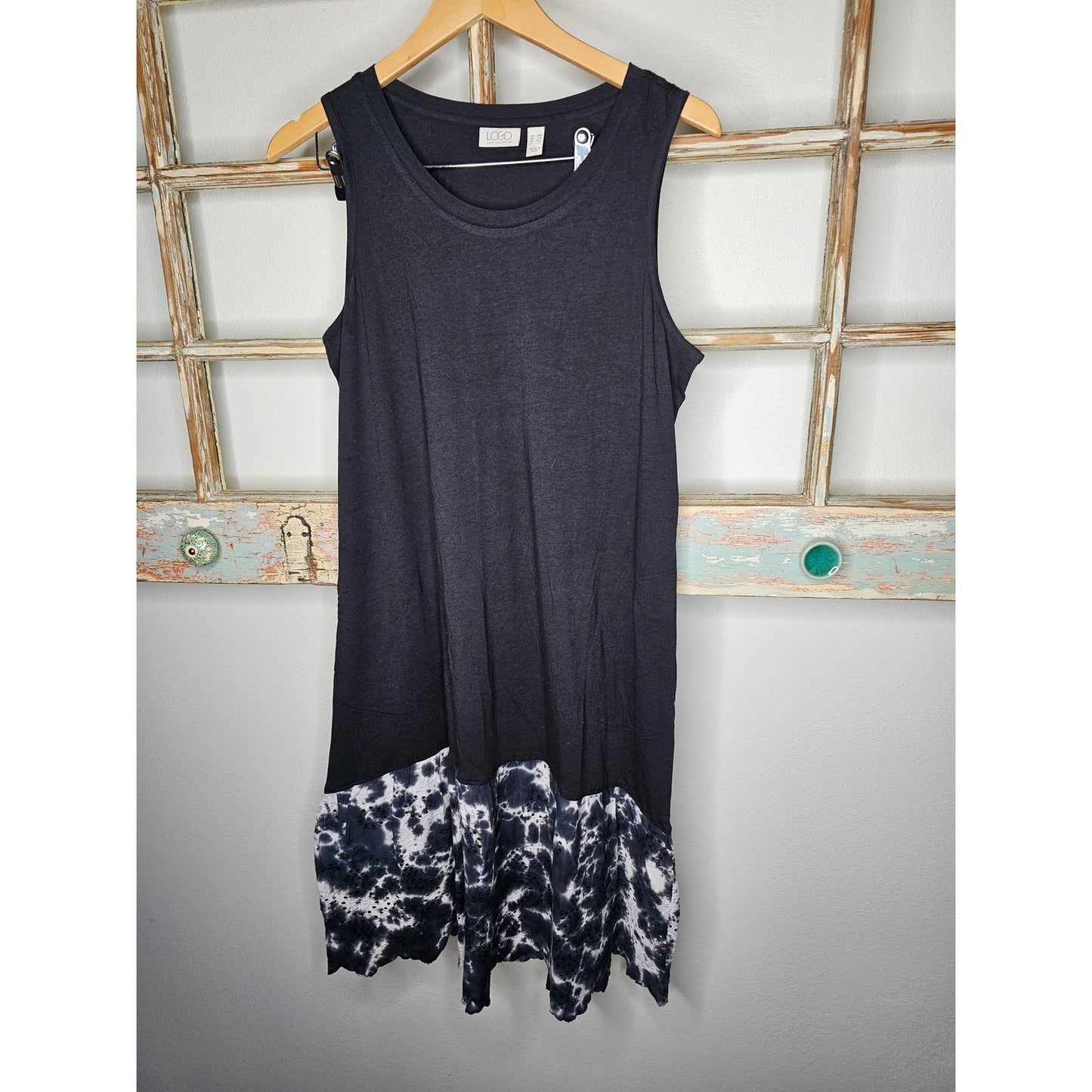 LOGO Lori Goldstein Black and Tan Sleeveless Midi Dress W/ Tie Dye size Medium