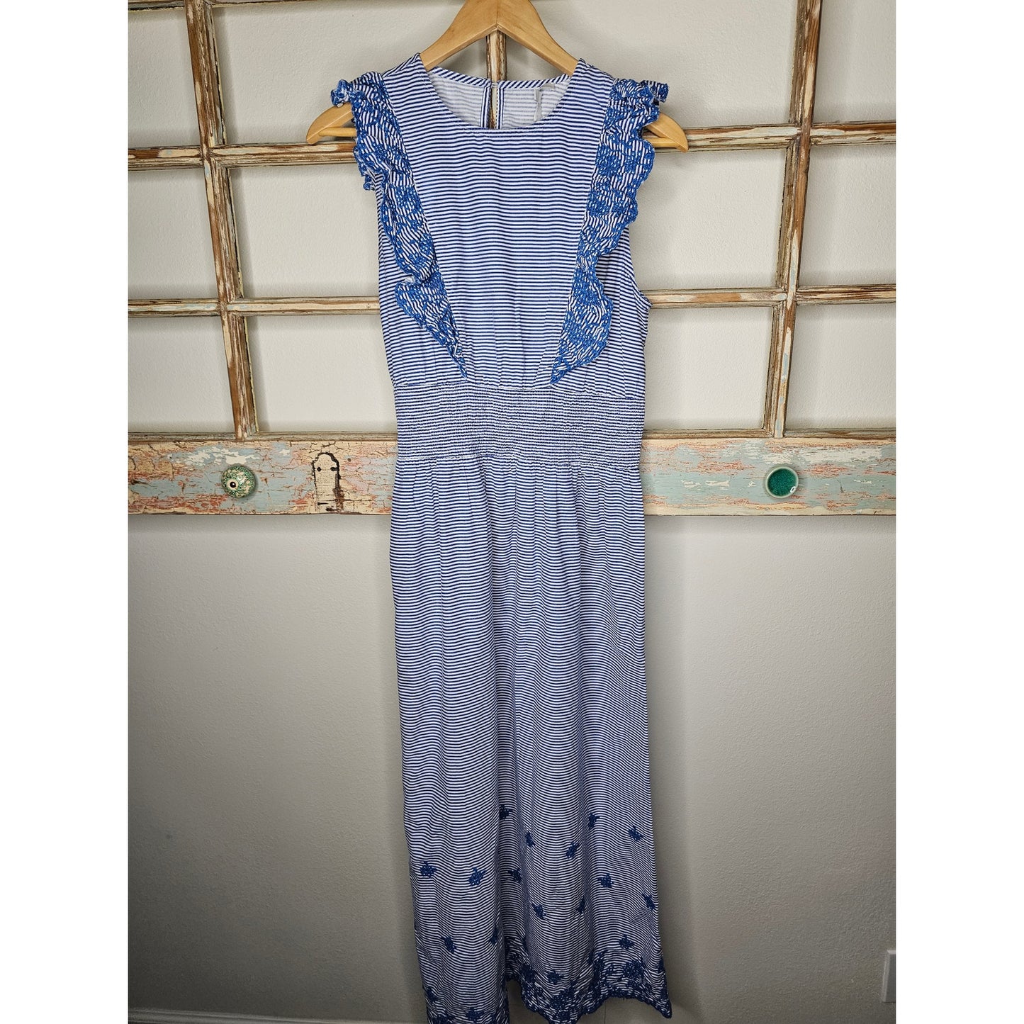 Koton Blue & White Stripe Midi Dress with Ruffles and Embroidery Ladies size Medium