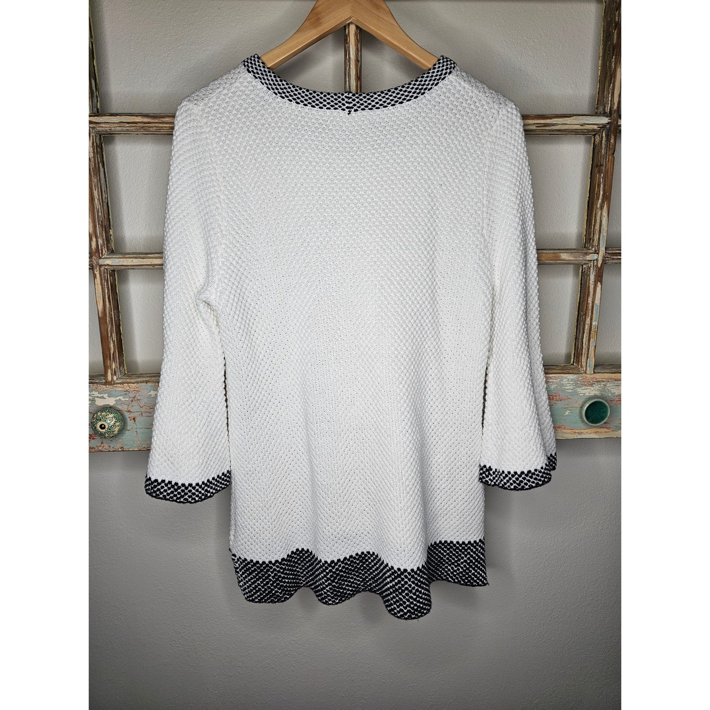 White Sweater Navy accents with bell sleeves by Melissa Paige Size Large