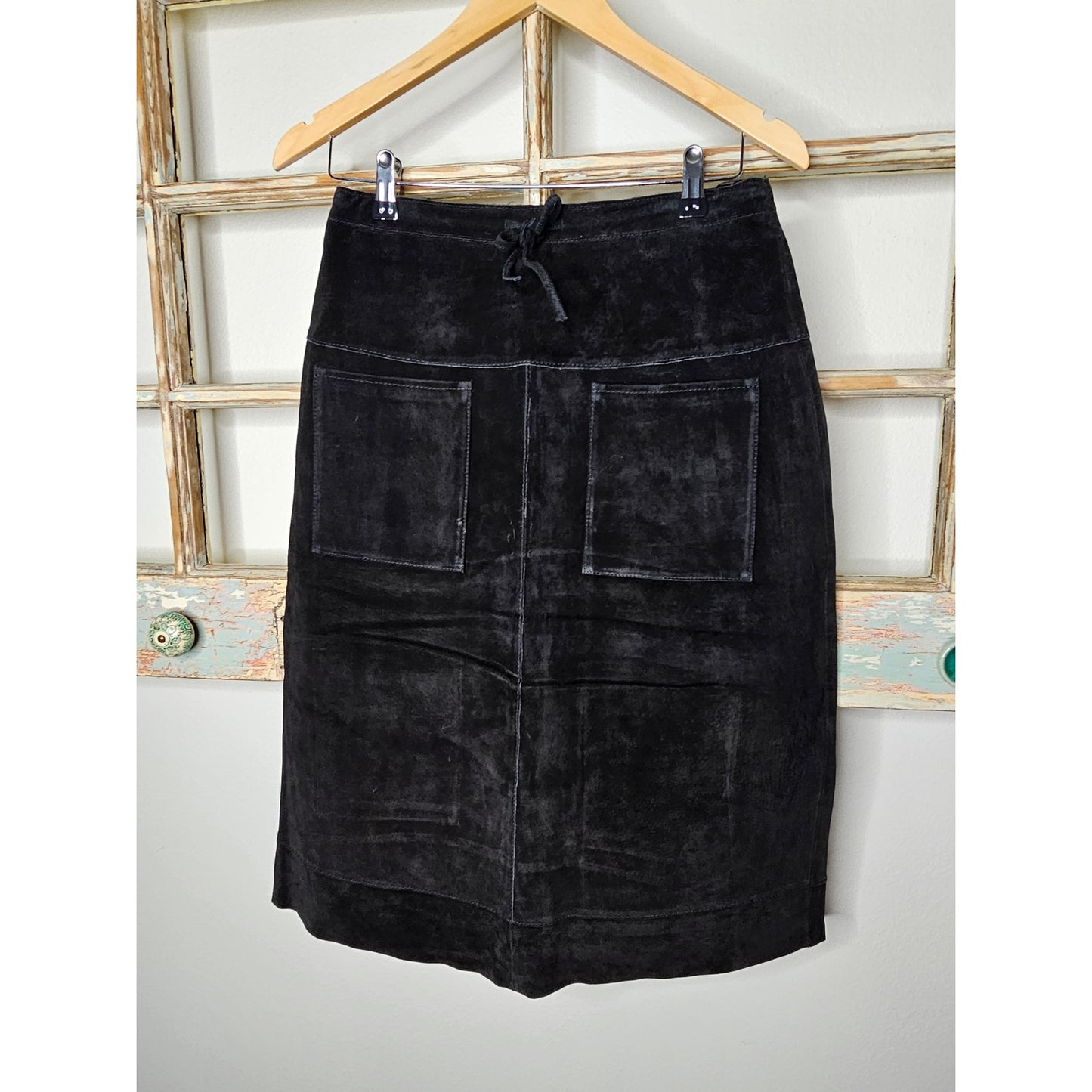 Vintage Bernardo Black Suede Leather Midi Skirt Ladies size Small