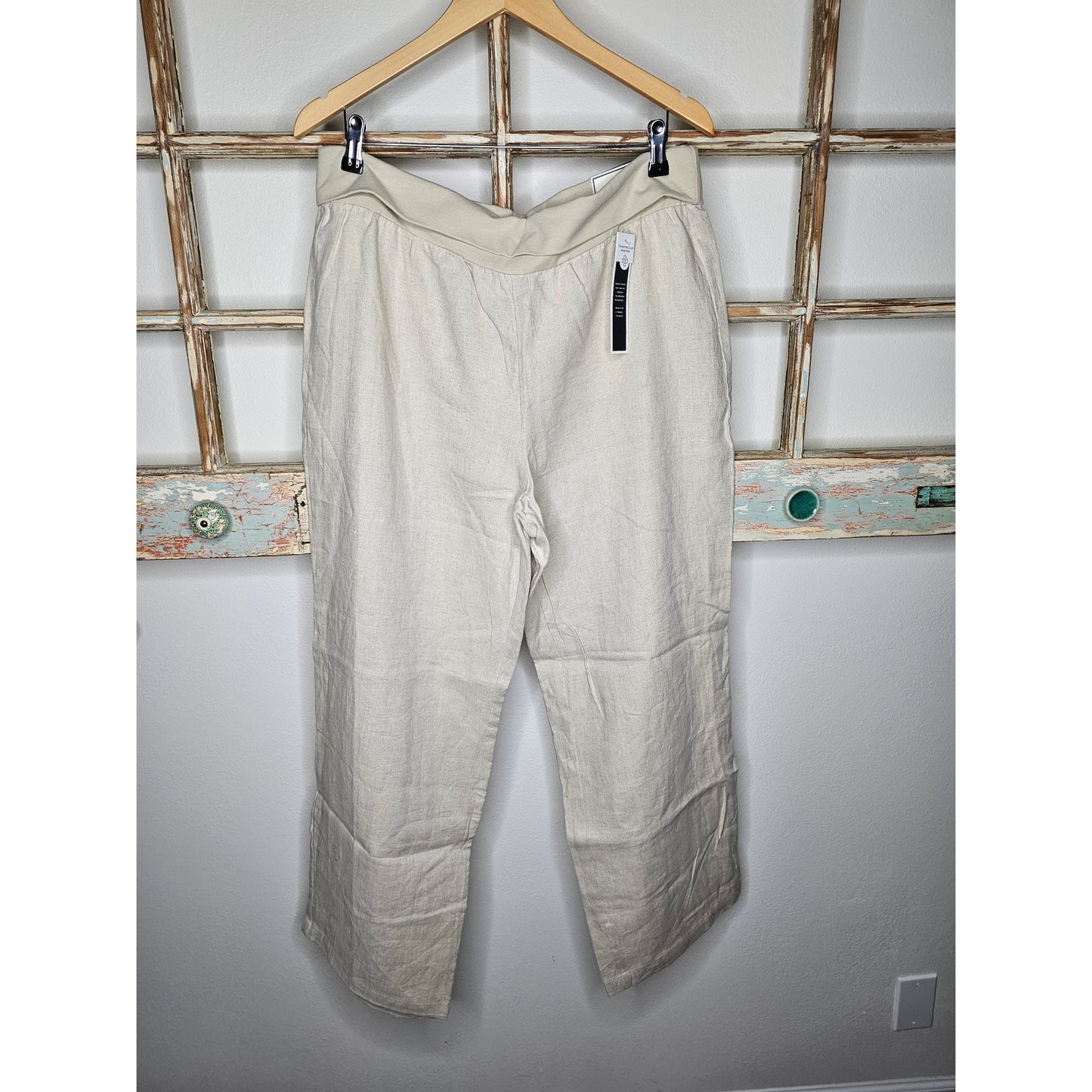 NWT Linen Straight Leg Pants in Flax with Elastic roll down waist Ladies size XL