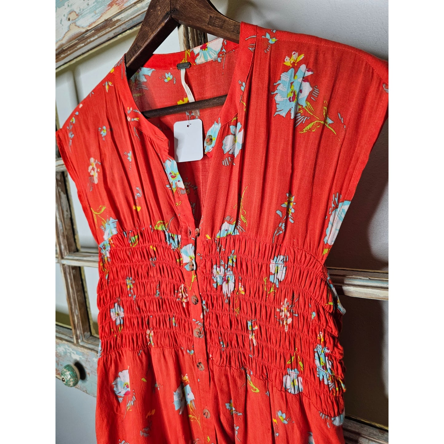 Free People Red Floral Sleeveless Lined Mini Dress With Smocking Size XS