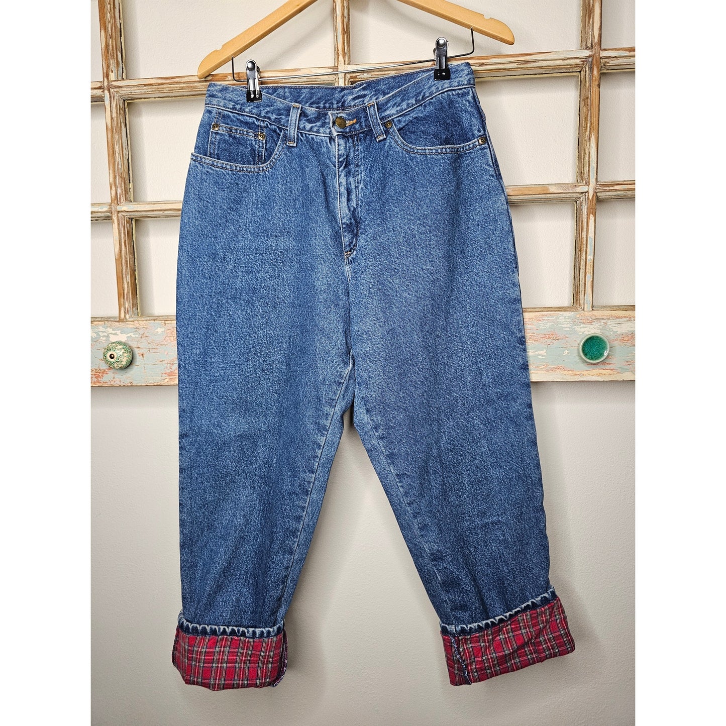 Vintage L.L. Bean Red Plaid Flannel Lined Jeans Ladie size 14P / 10