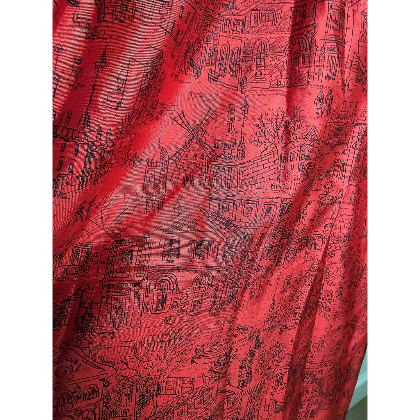 Vintage Lanz Red Silk Dress With sketched Street Scene knee length size small