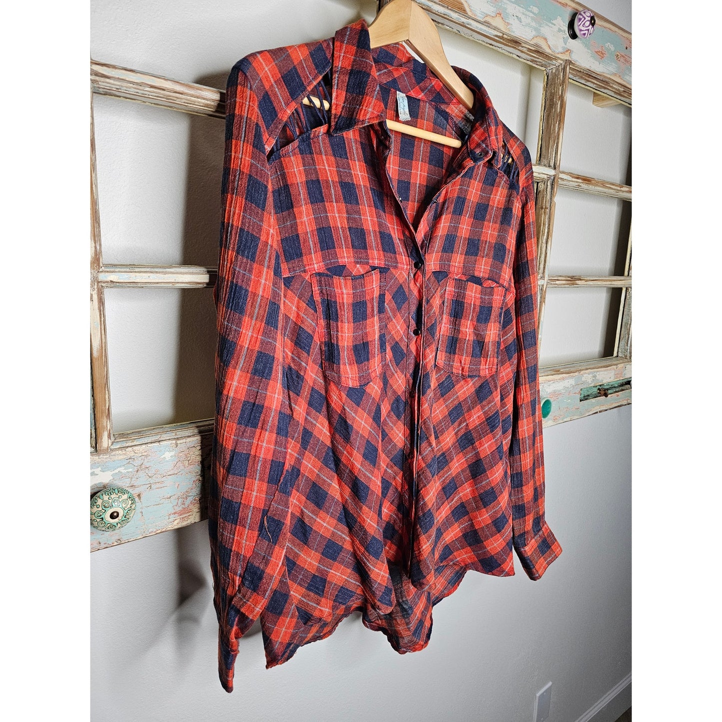 Free People Red/Blue Plaid Snap Up Top Ladies size Medium
