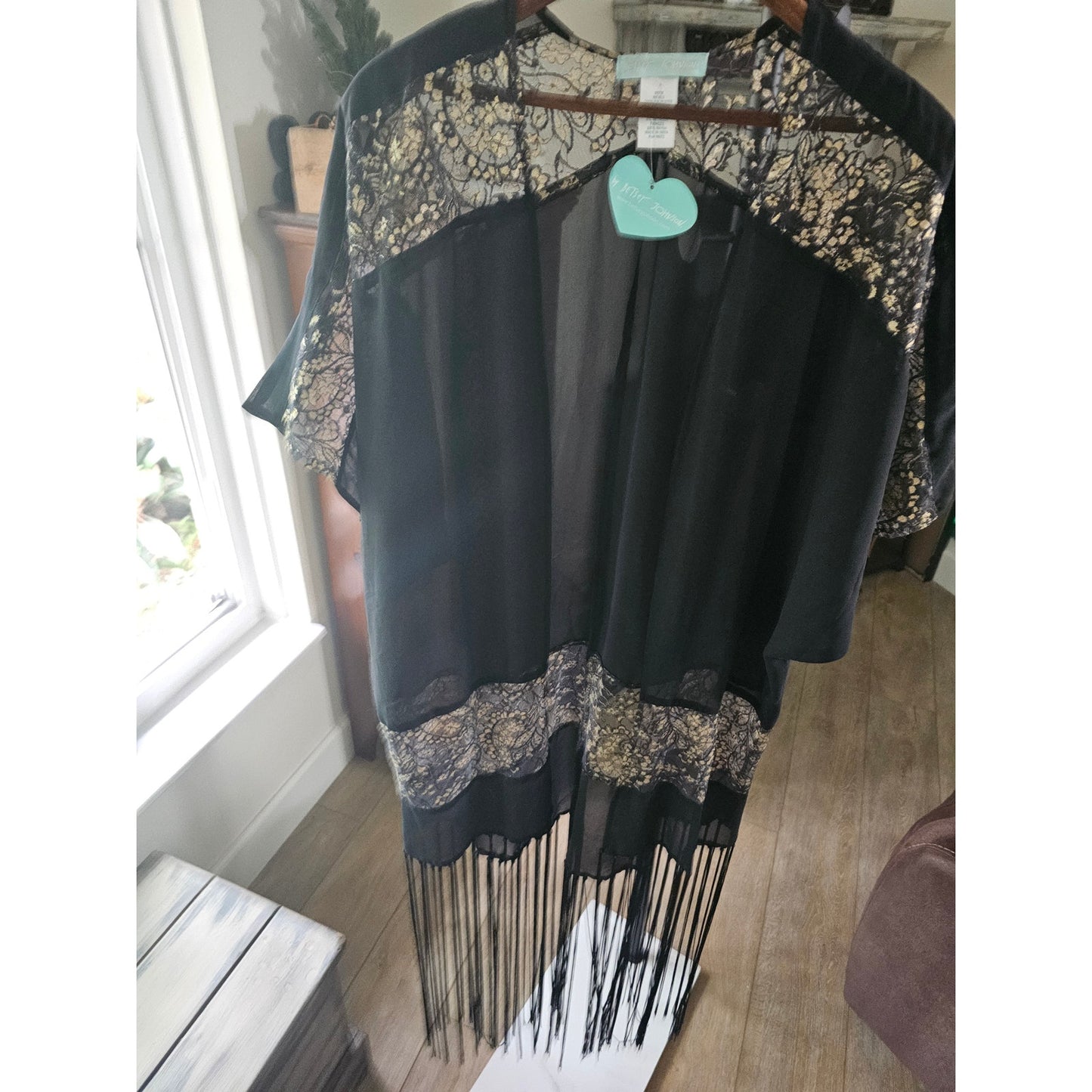 NWT Betsey Johnson black & gold Fringe Sheer Kimono ladies OSFM