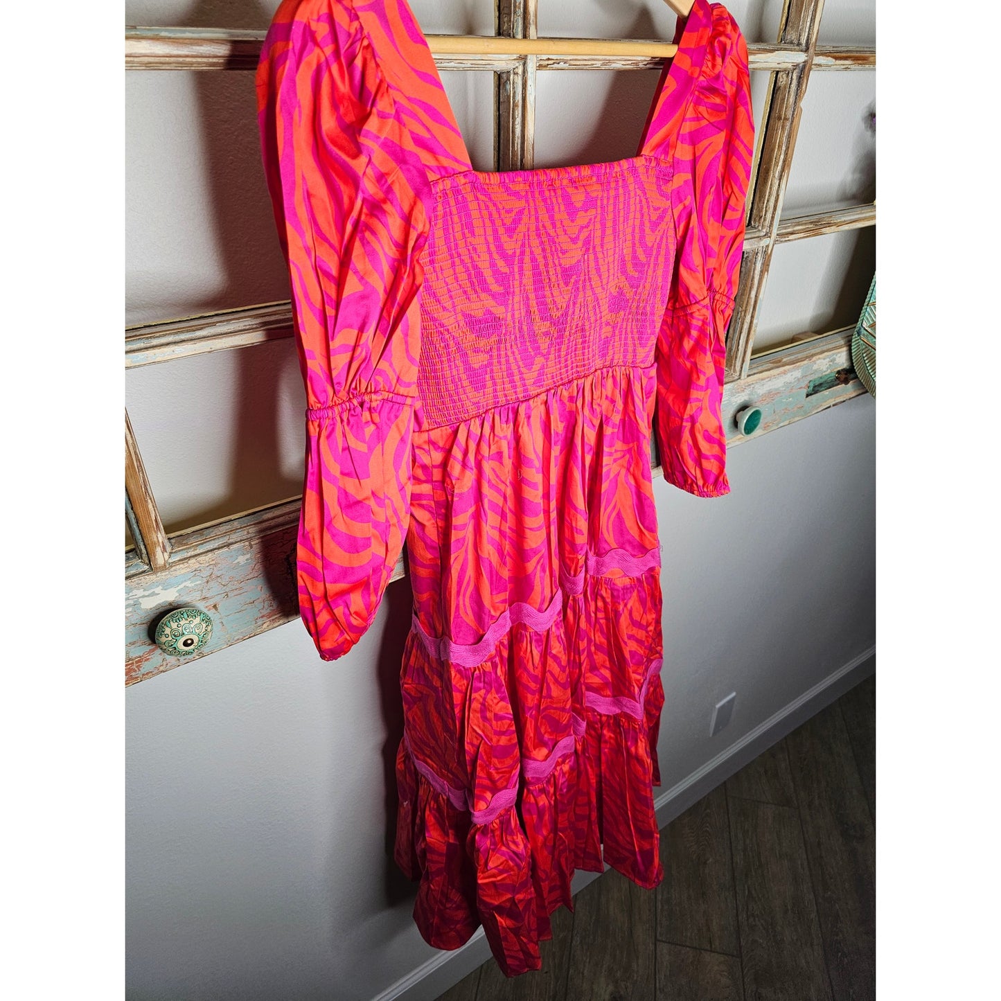 NWT Alden Adair Mia Cotton Tiered Zebra Dress in Pink/Red Ladies Size Small