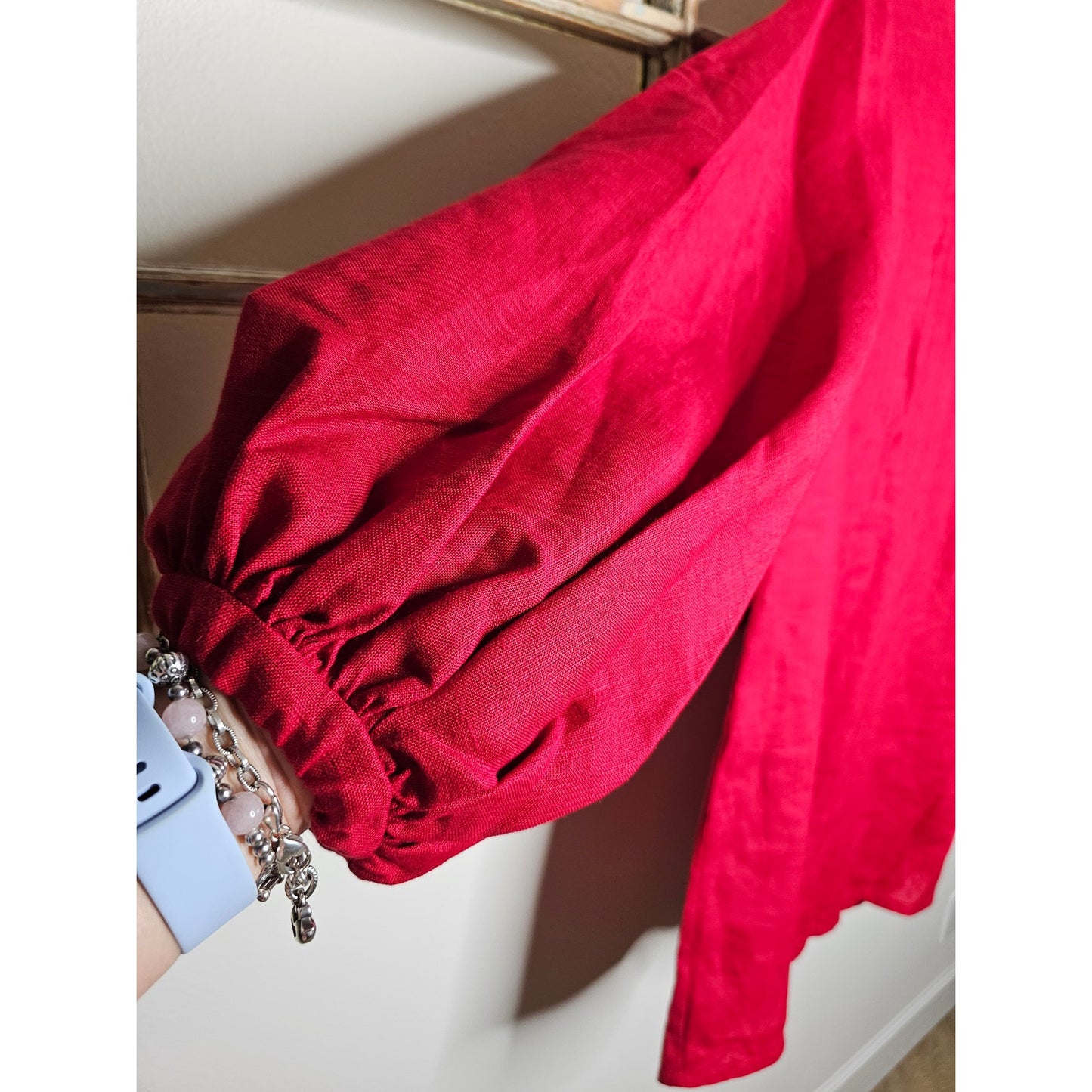 Red Linen knee length dress / Puff sleeves Ladies size ladies Medium