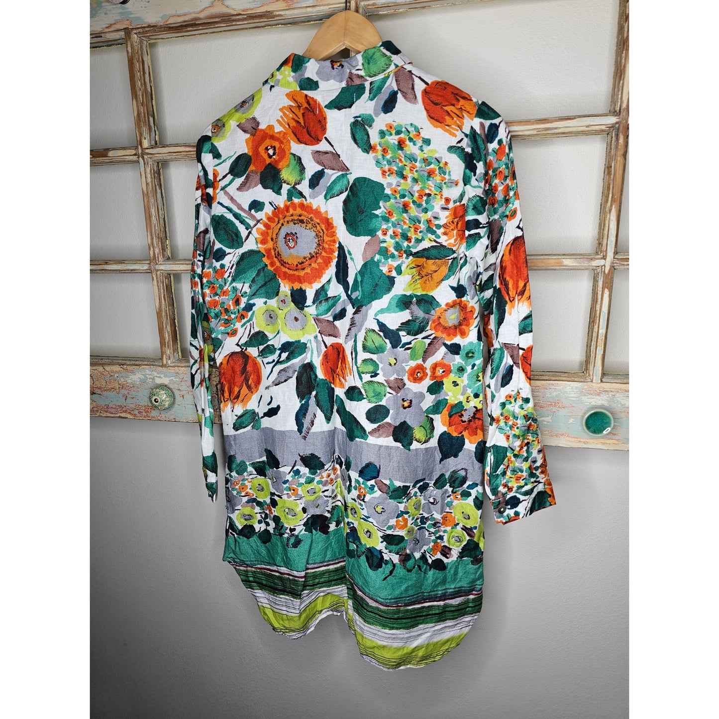 Linen Peck & Peck Fall Floral Tunic Long Sleeve Button Up Ladies size Small