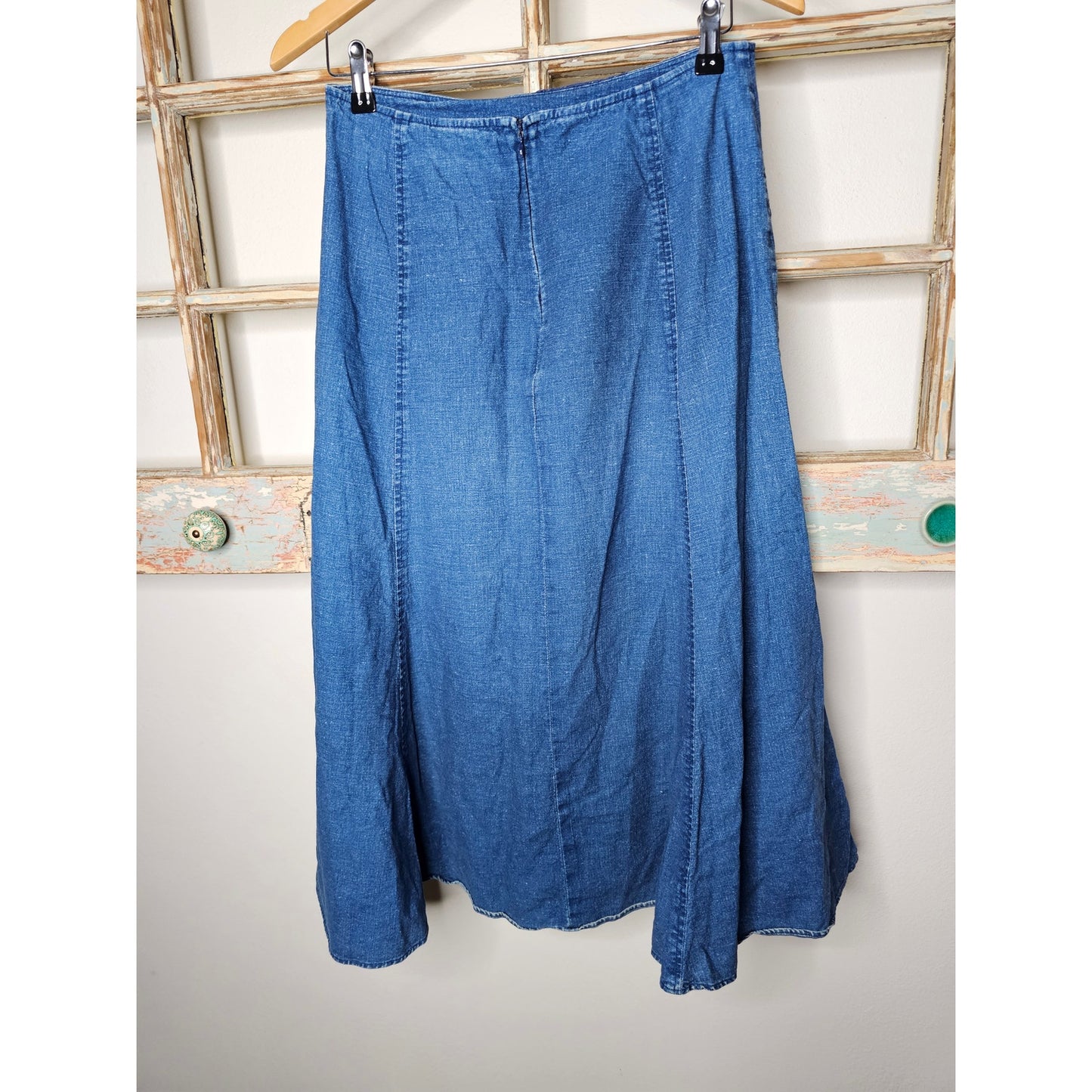 Vintage Blue Denim Prairie Skirt with Crochet Accents Ladies size 6