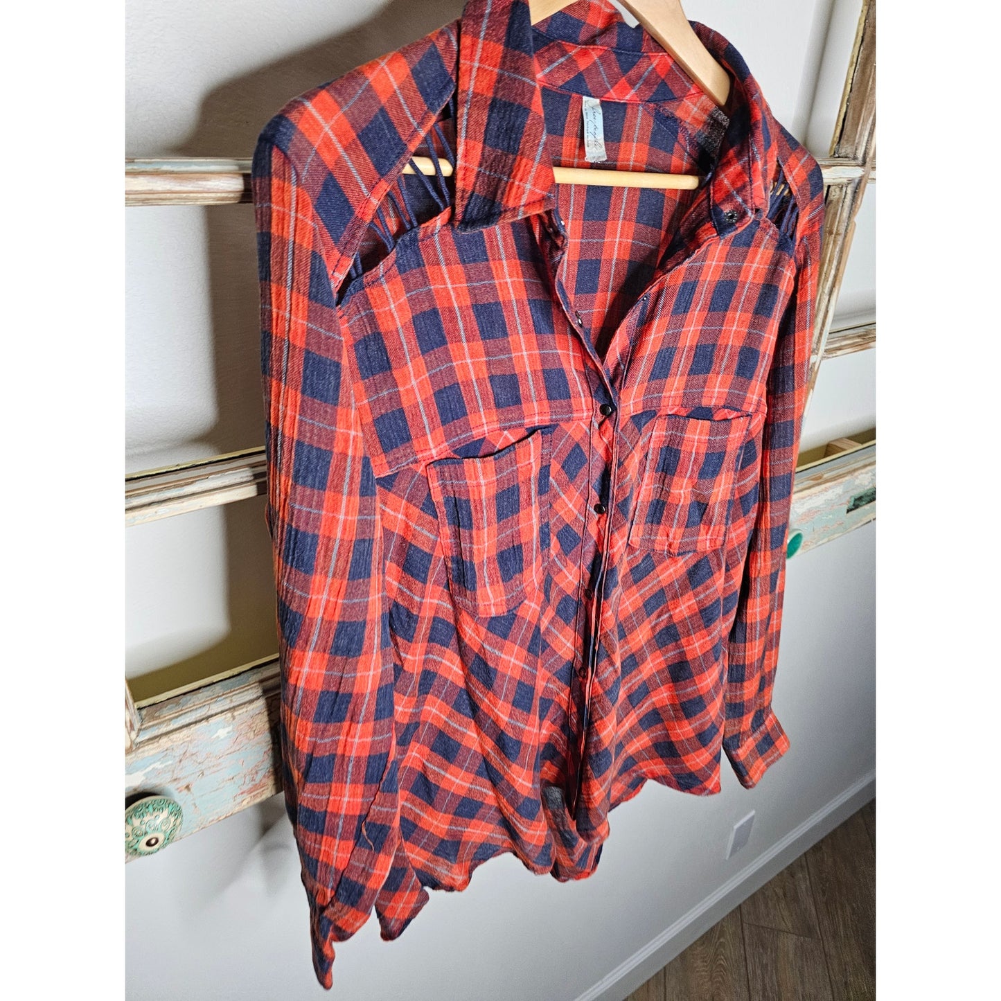 Free People Red/Blue Plaid Snap Up Top Ladies size Medium