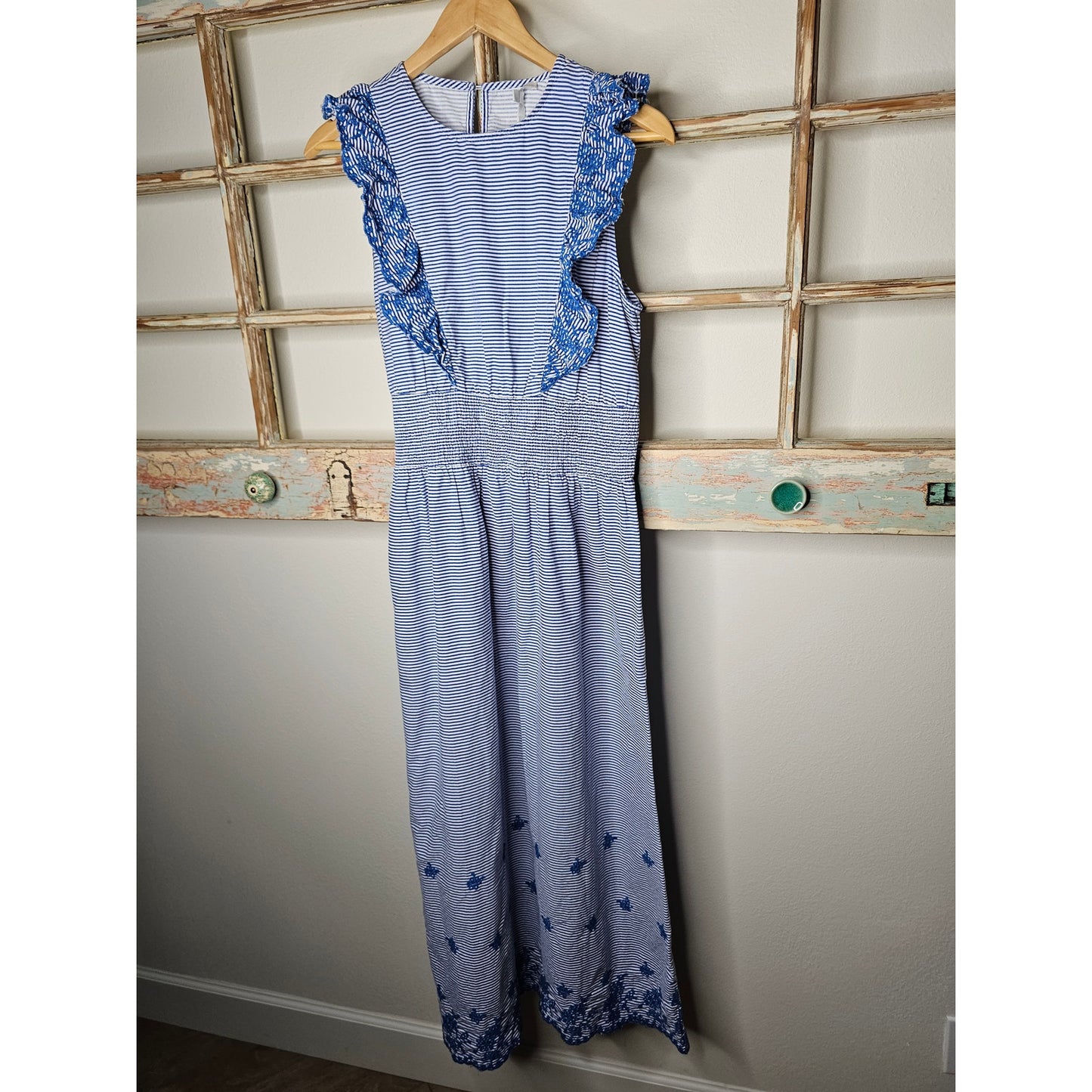 Koton Blue & White Stripe Midi Dress with Ruffles and Embroidery Ladies size Medium