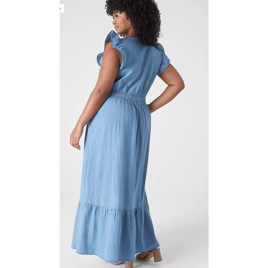 Lane Bryant Denim Chambray V-neck Ruffle Cap Sleeve Dress Ladies size 16