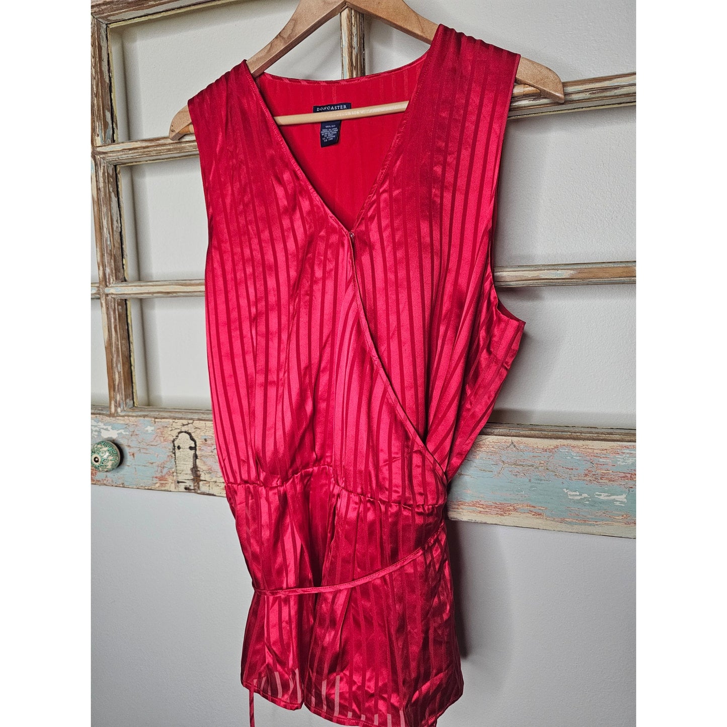 NWT Don Caster 100% Silk Red Sleeveless Wrap Style Blouse Size Large
