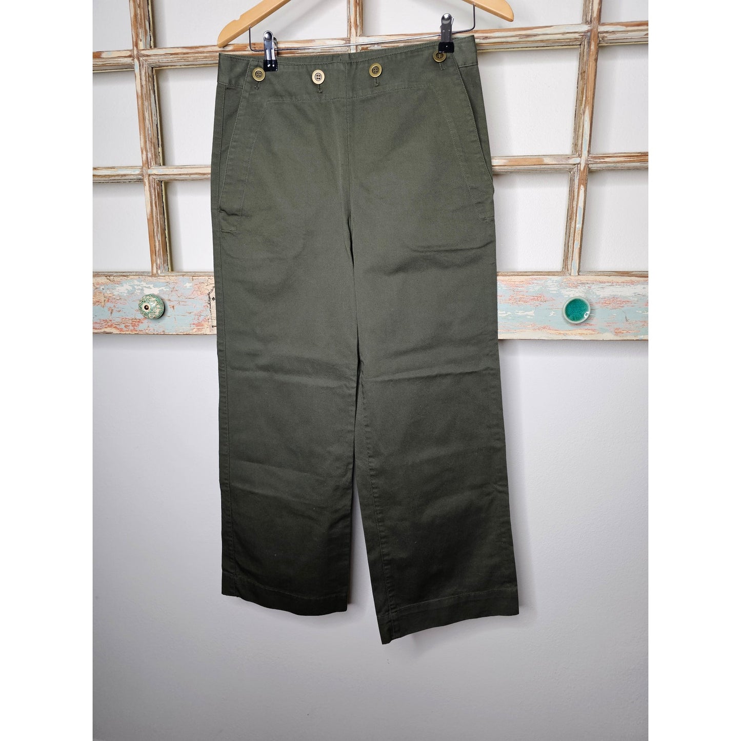 Theory Green Washed Sailor Button Wide Leg Chino's Size 6