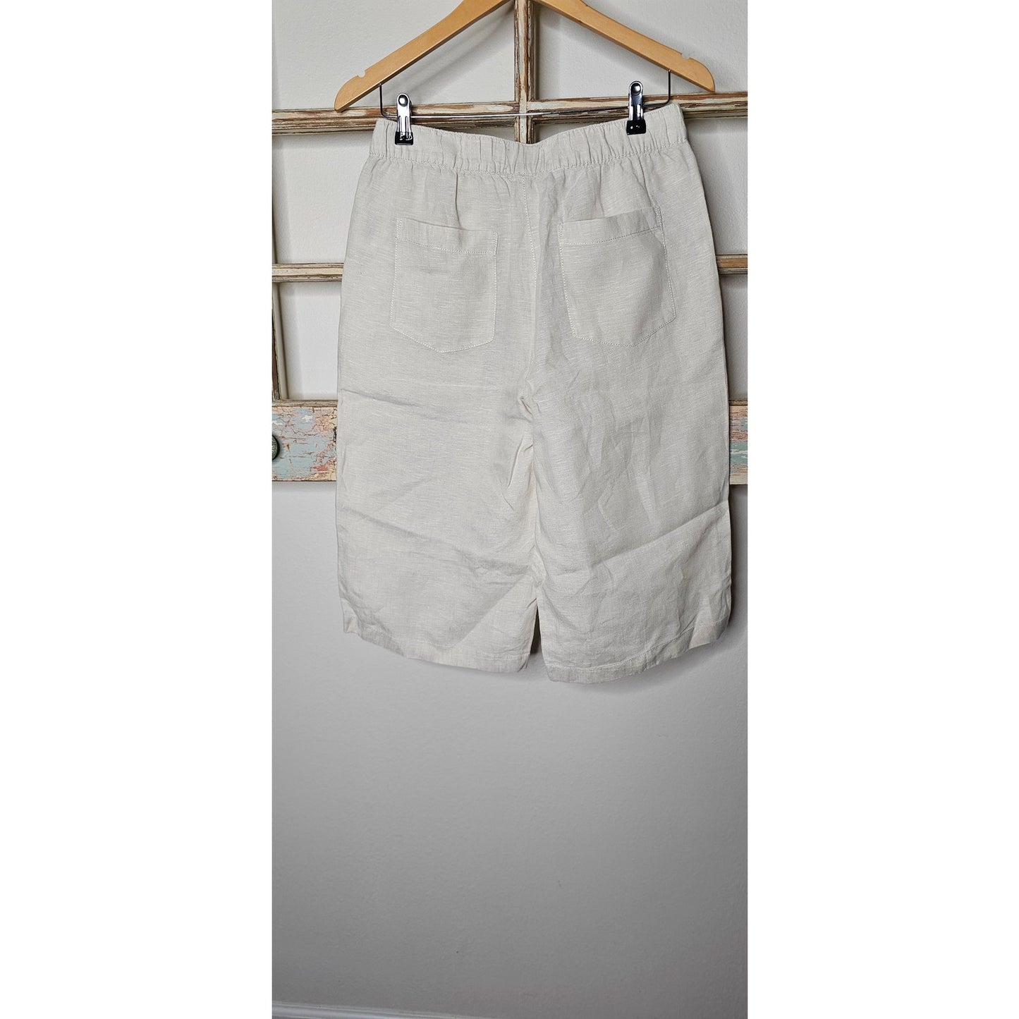 Ivory Linen Elastic Waist Pull On Relaxed Long Short Ladies size meidum