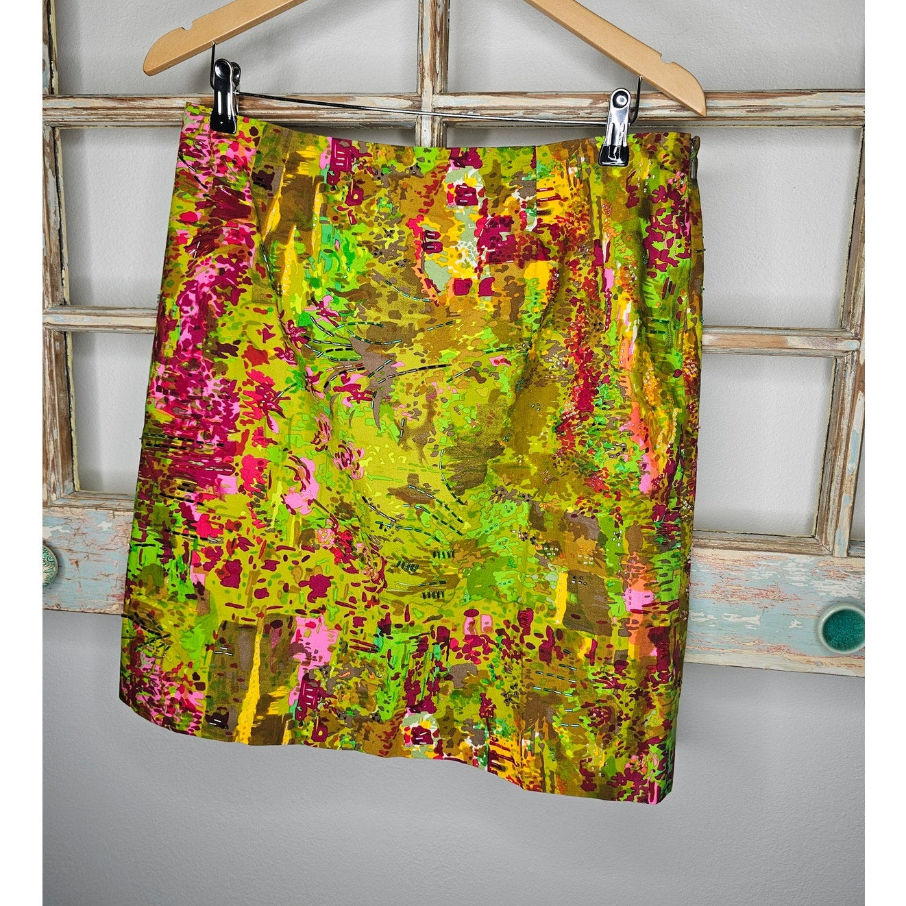 Etcetera Lined Abstract Skirt Womens Size 12 Green Multi Beaded Pencil