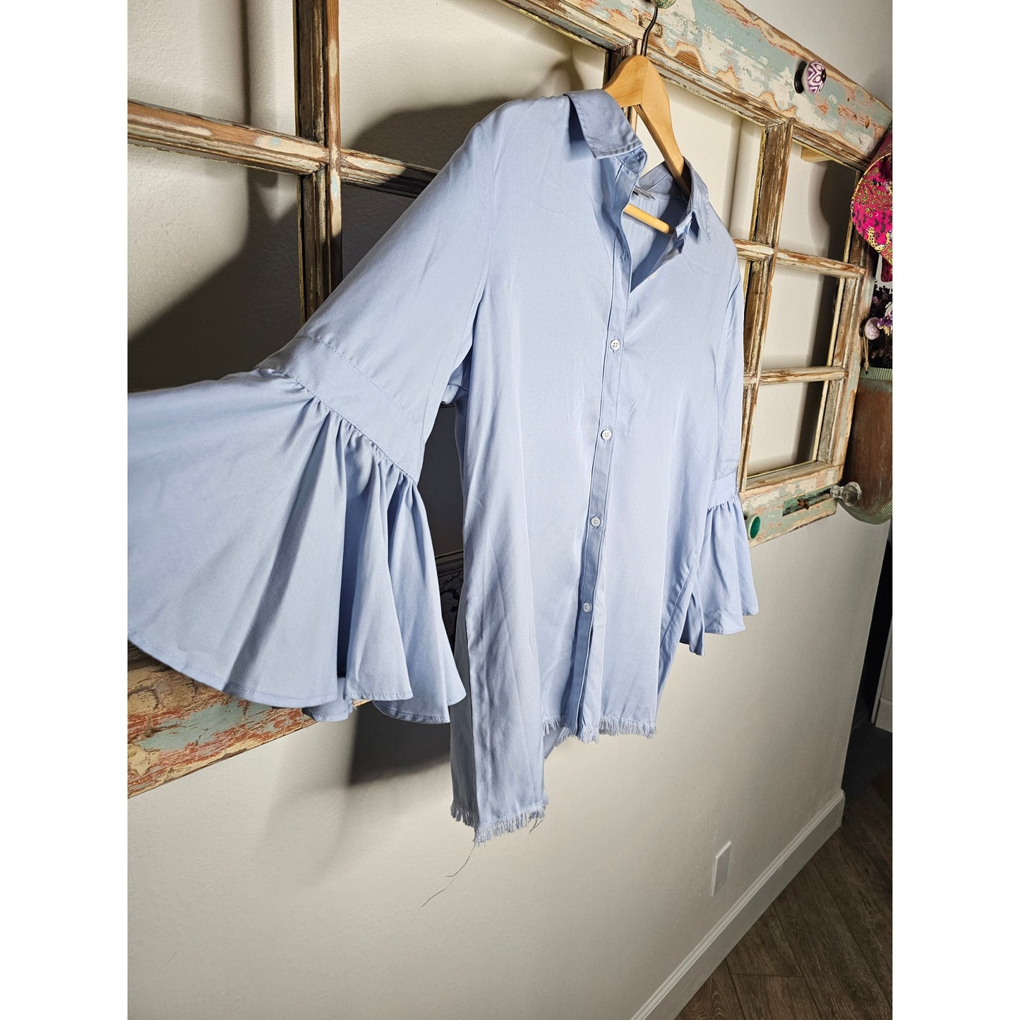 Marc New York Collared Button Up Blue Top 3/4 Bell Sleeves Size Medium