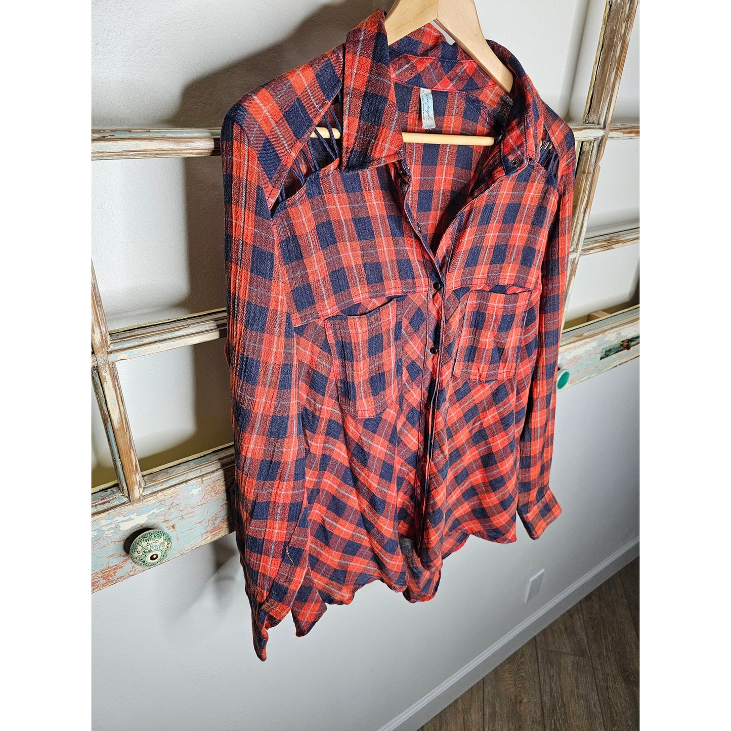 Free People Red/Blue Plaid Snap Up Top Ladies size Medium