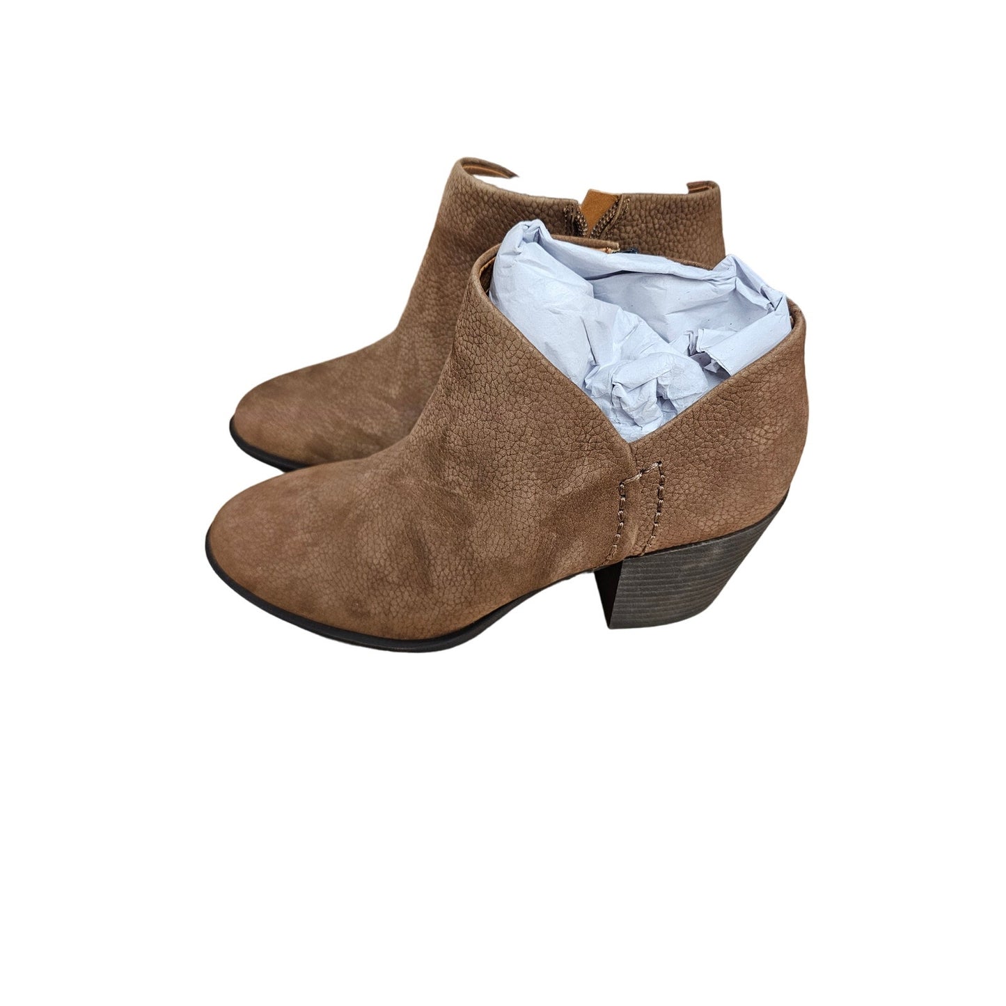 NWT Lucky Bellita Asymmetrical Block Heel Booties in Cedar tone size 8.5
