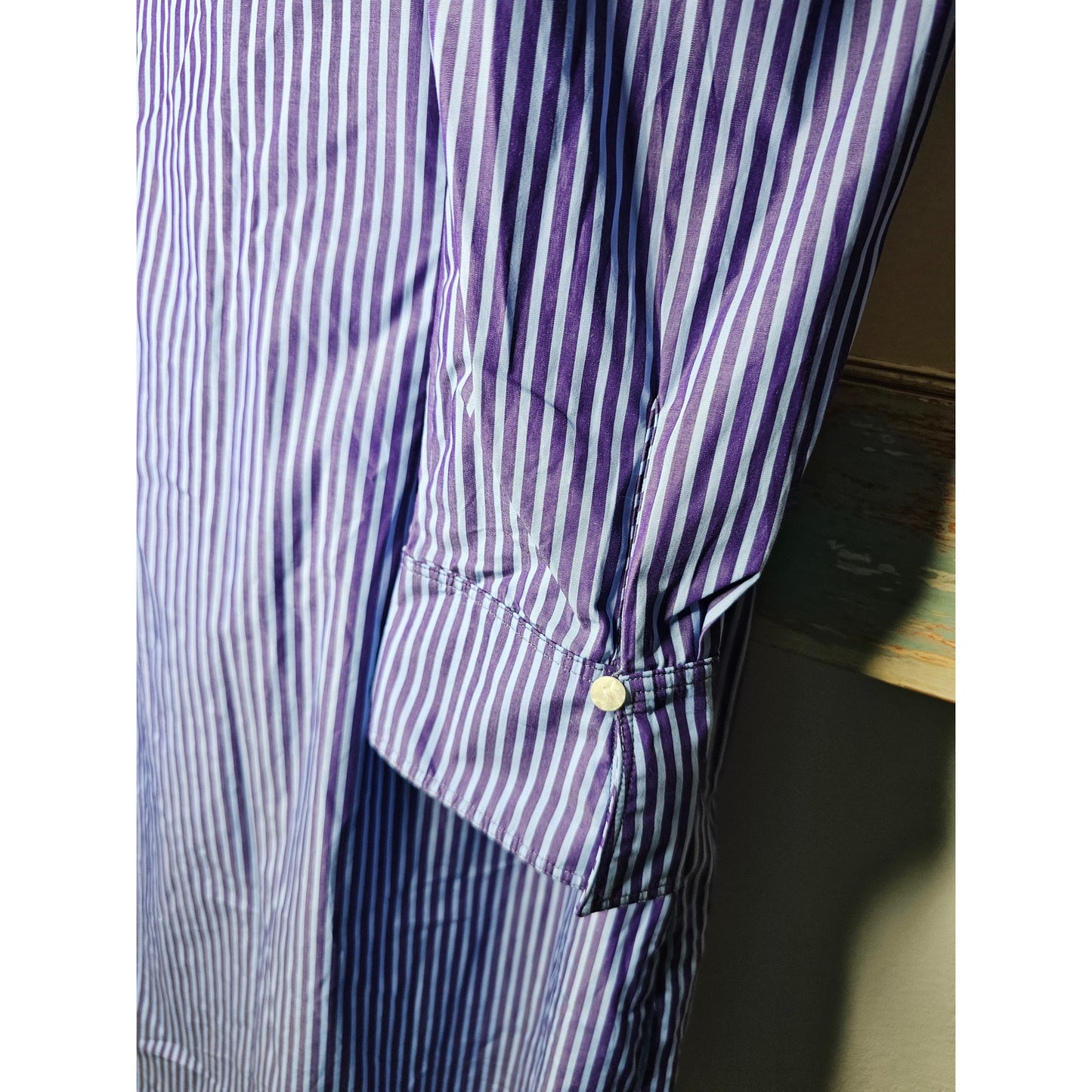 Oxford Striped Dress with Pearlized Buttons Blue/Purple Ladies size Medium