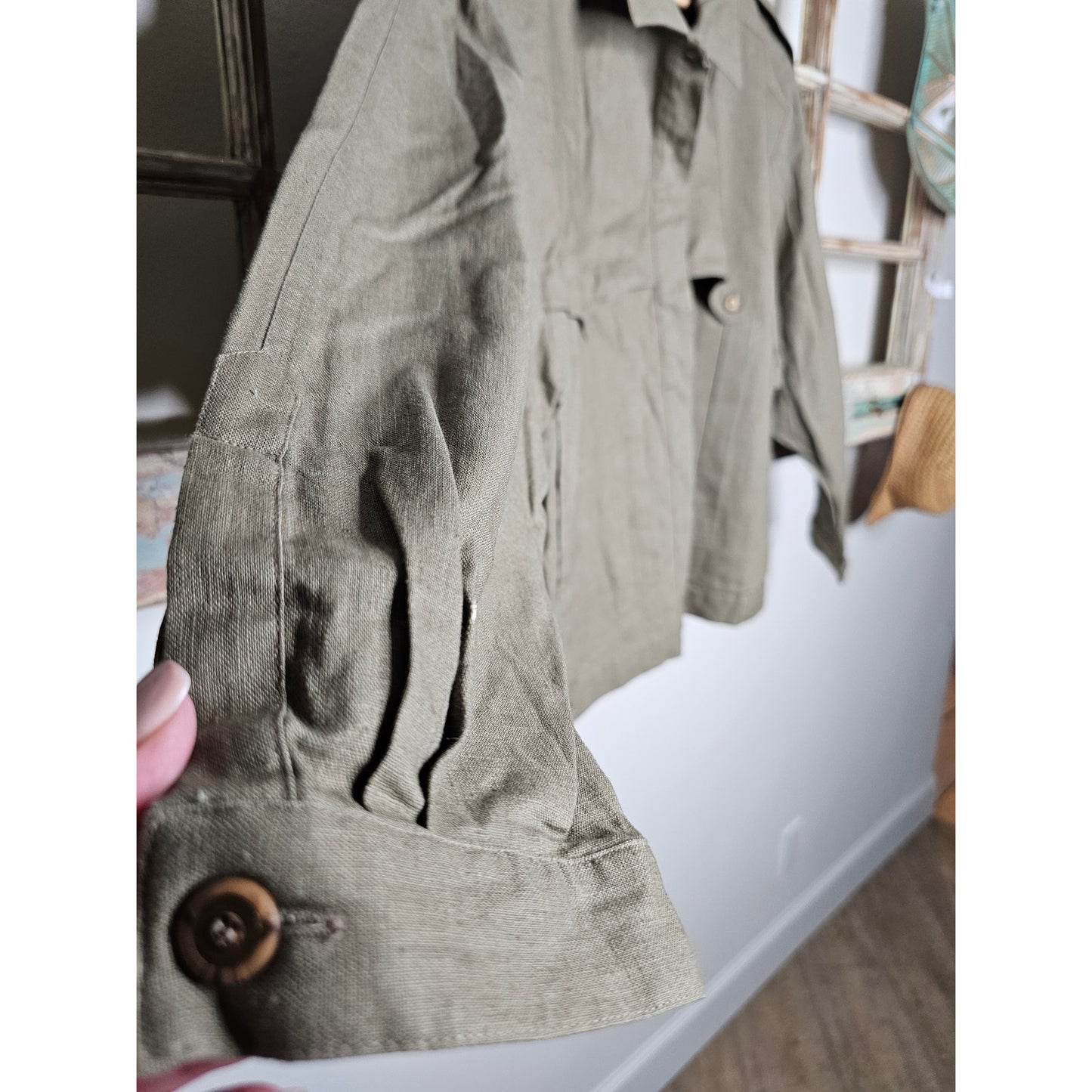 Linen Khaki Button Up Utility Style Jacket Ladies size 22