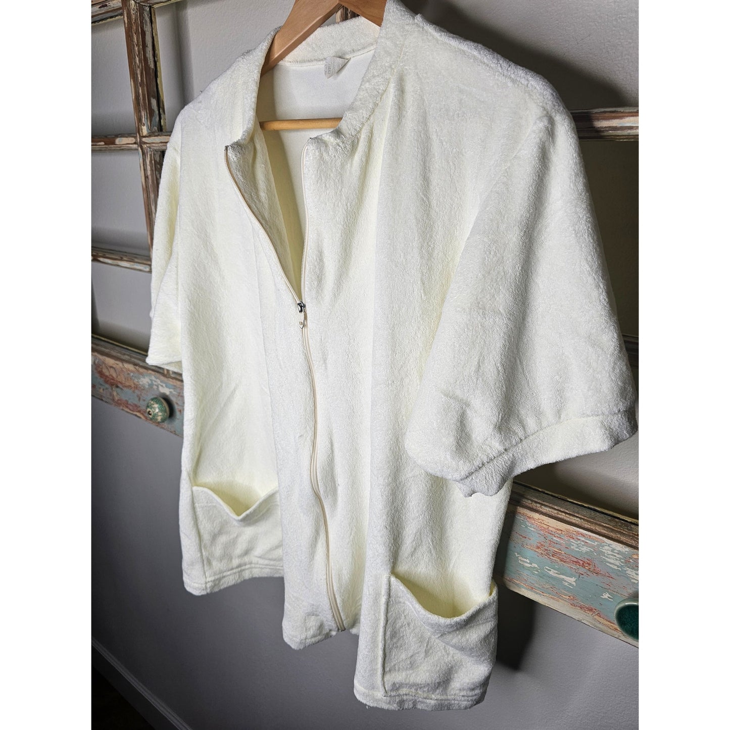 Vintage Cream Terry Cloth Zip Up Top W/ Pockets Oversized Unisen Size Small