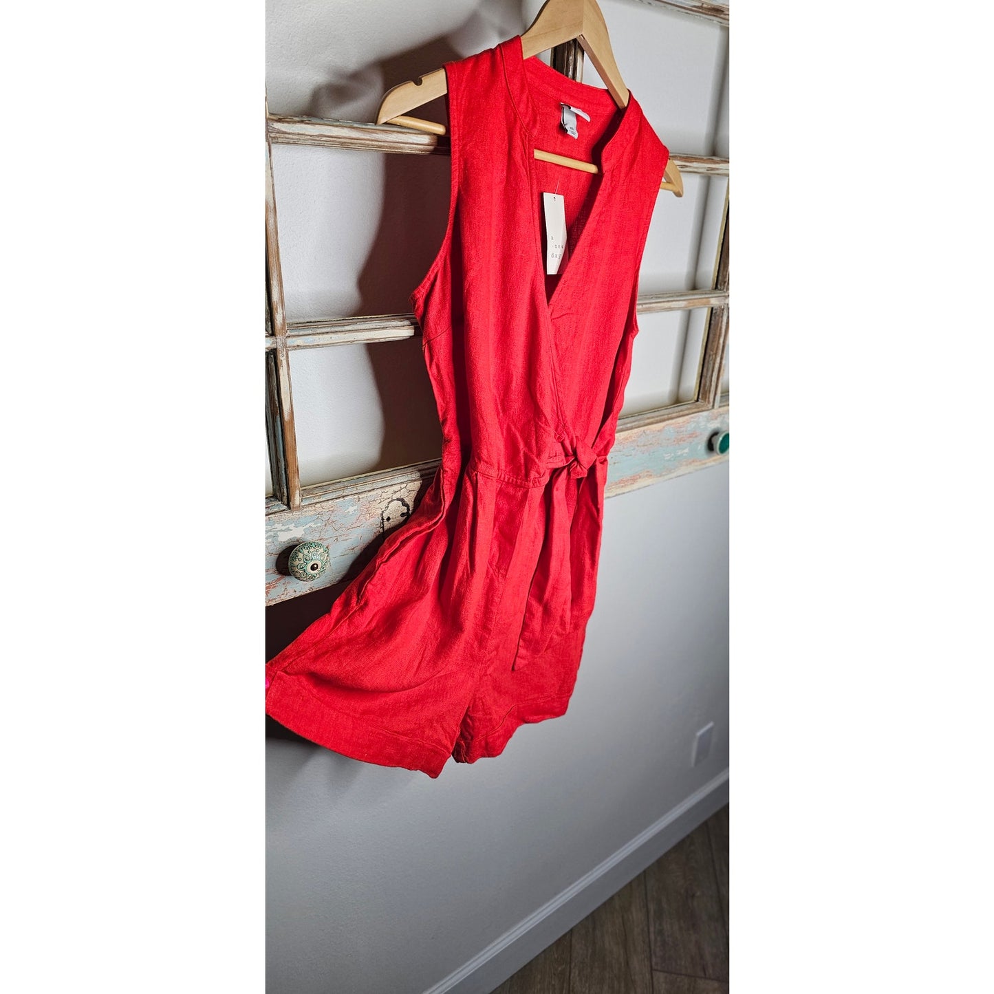NWT Red Linen Blend Short Romper W/ Side Tie Ladies size XS