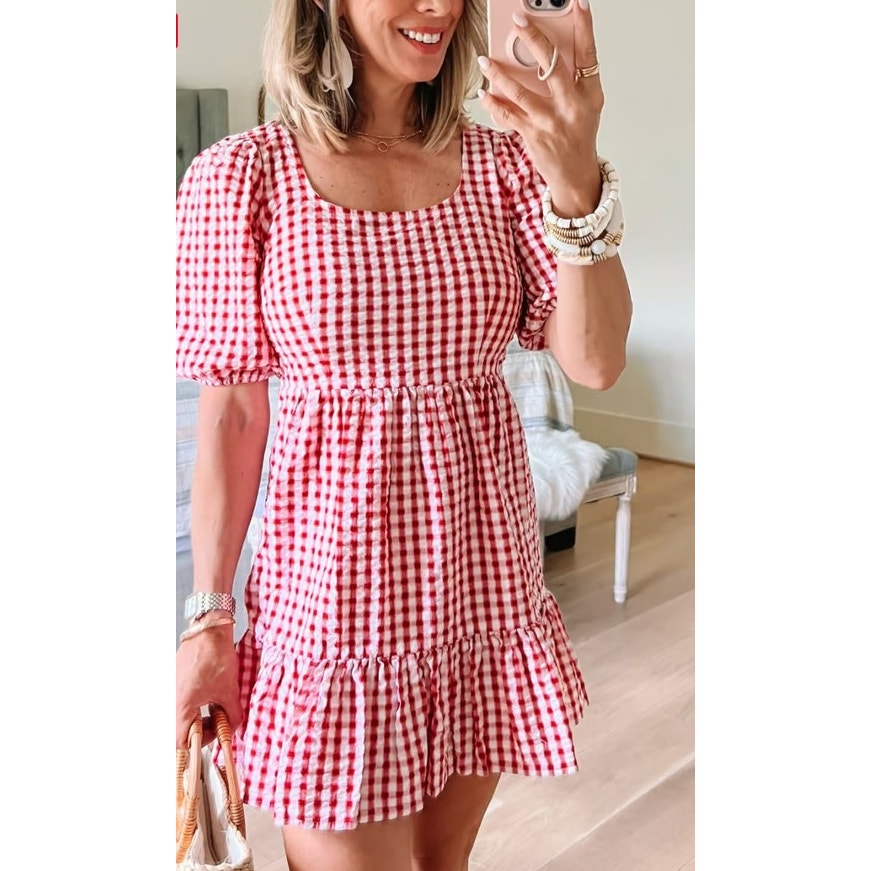 Gingham Red/White Tie Back Flounce Swing Dress Ladies size 12