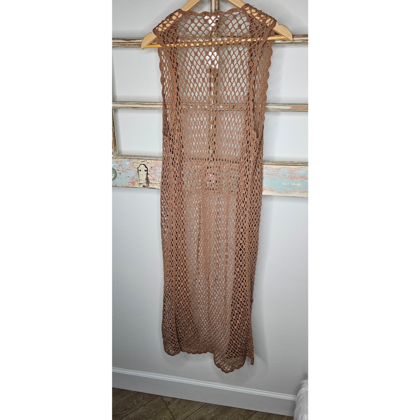 NWT Chico's Valerie Crochet Long Taupe Long Boho Open Vest XS / Chico's size 0