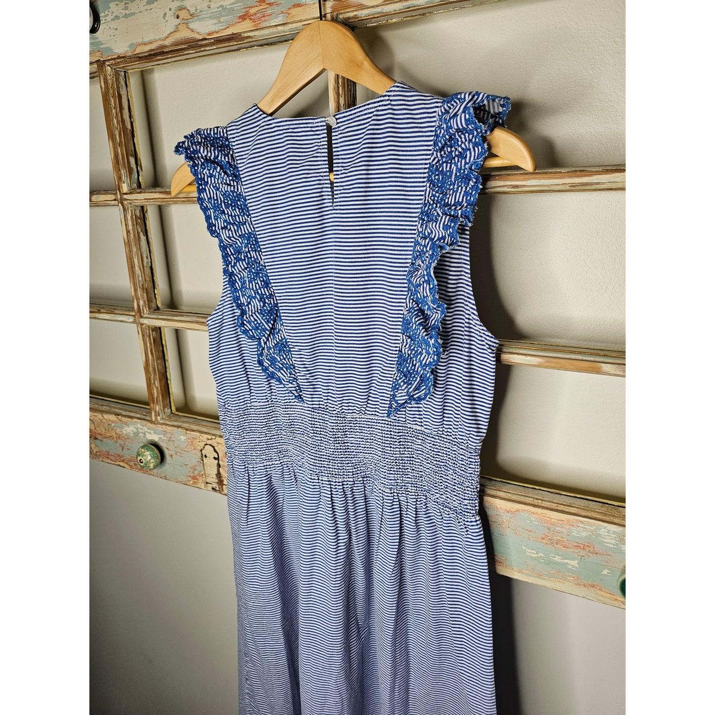 Koton Blue & White Stripe Midi Dress with Ruffles and Embroidery Ladies size Medium