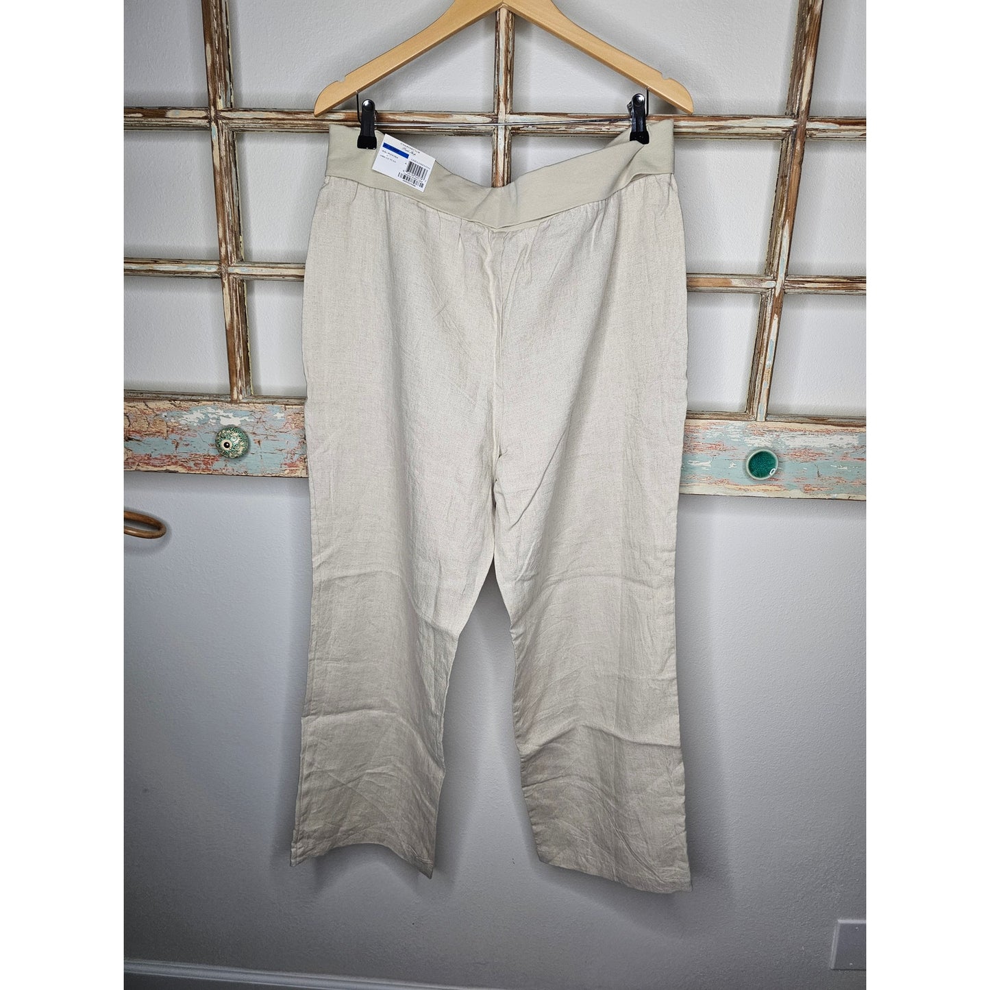 NWT Linen Straight Leg Pants in Flax with Elastic roll down waist Ladies size XL