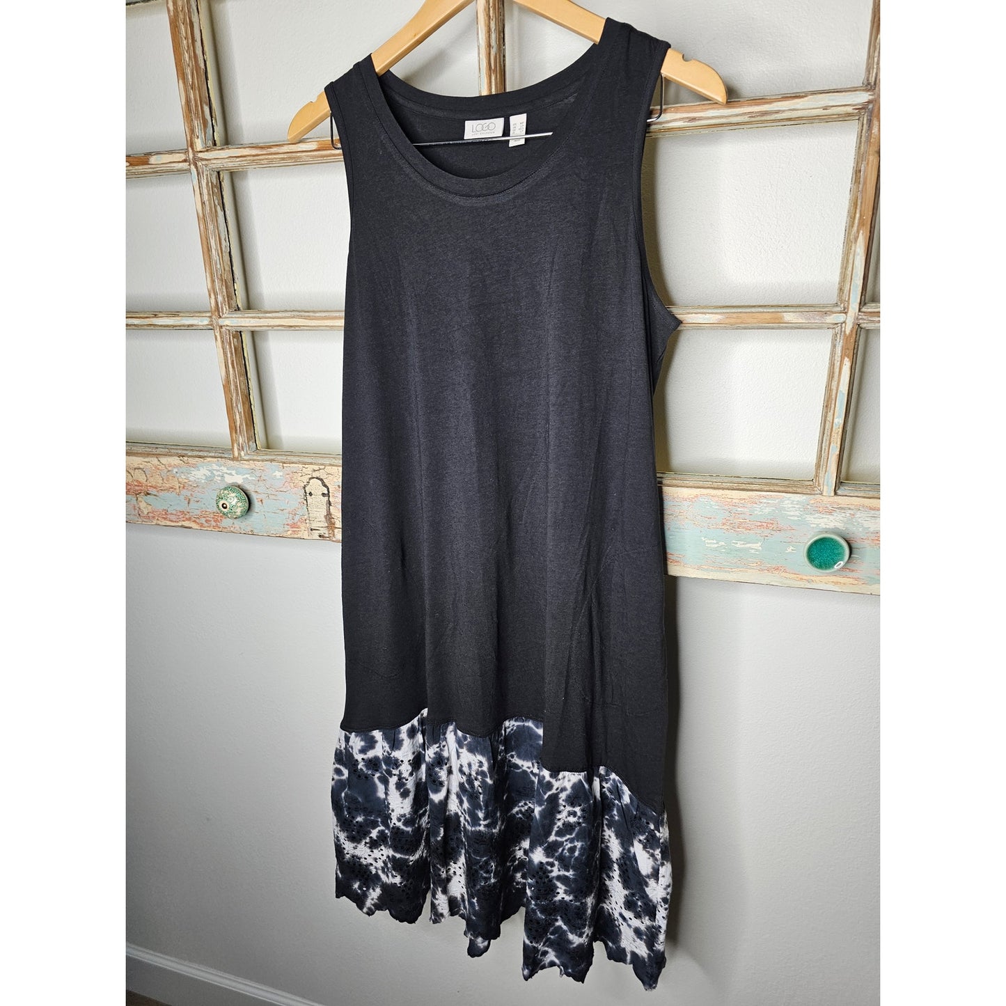LOGO Lori Goldstein Black and Tan Sleeveless Midi Dress W/ Tie Dye size Medium