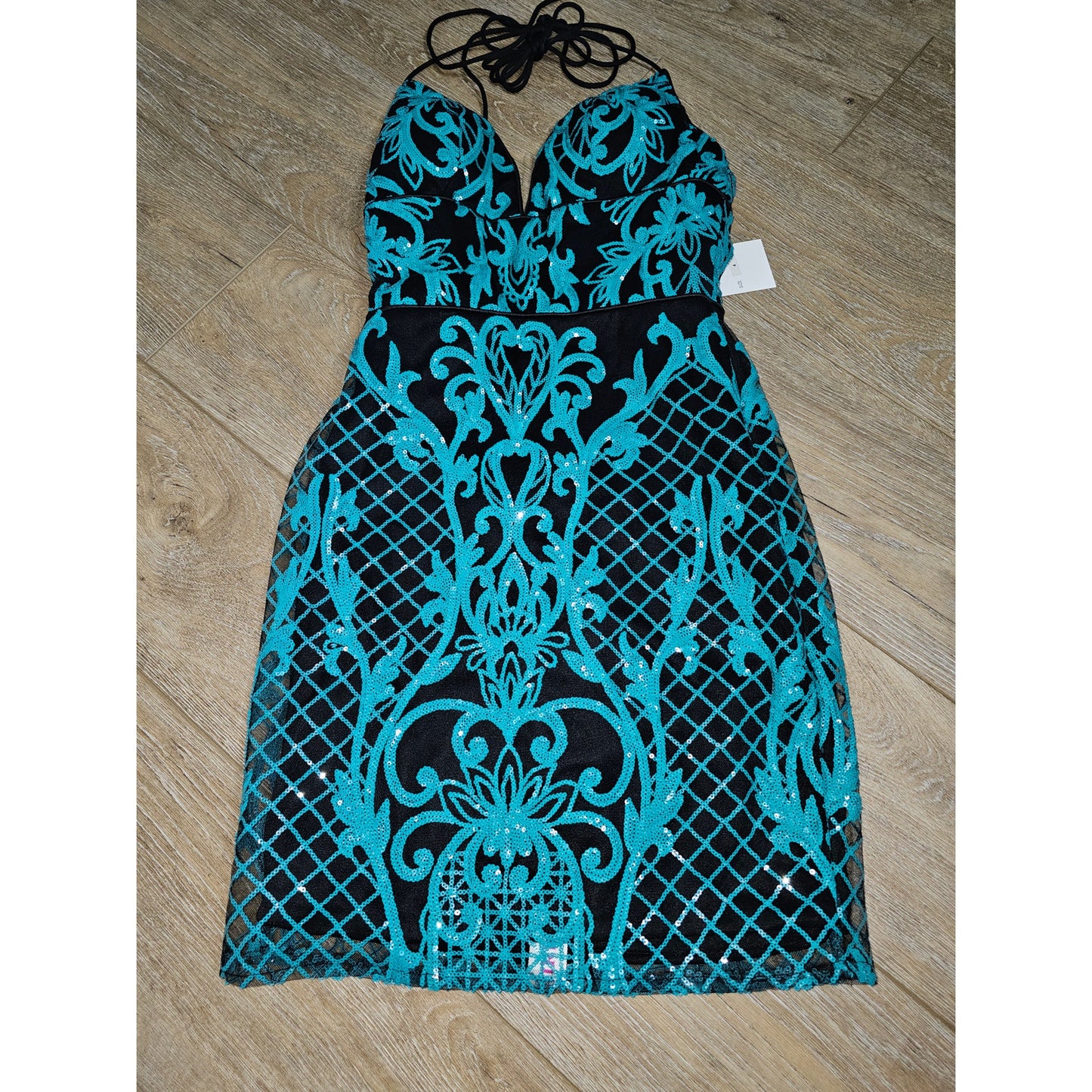 NWT Lace Sequin Basketweave Mini Party Dress Lace Up Back Ladies size 4