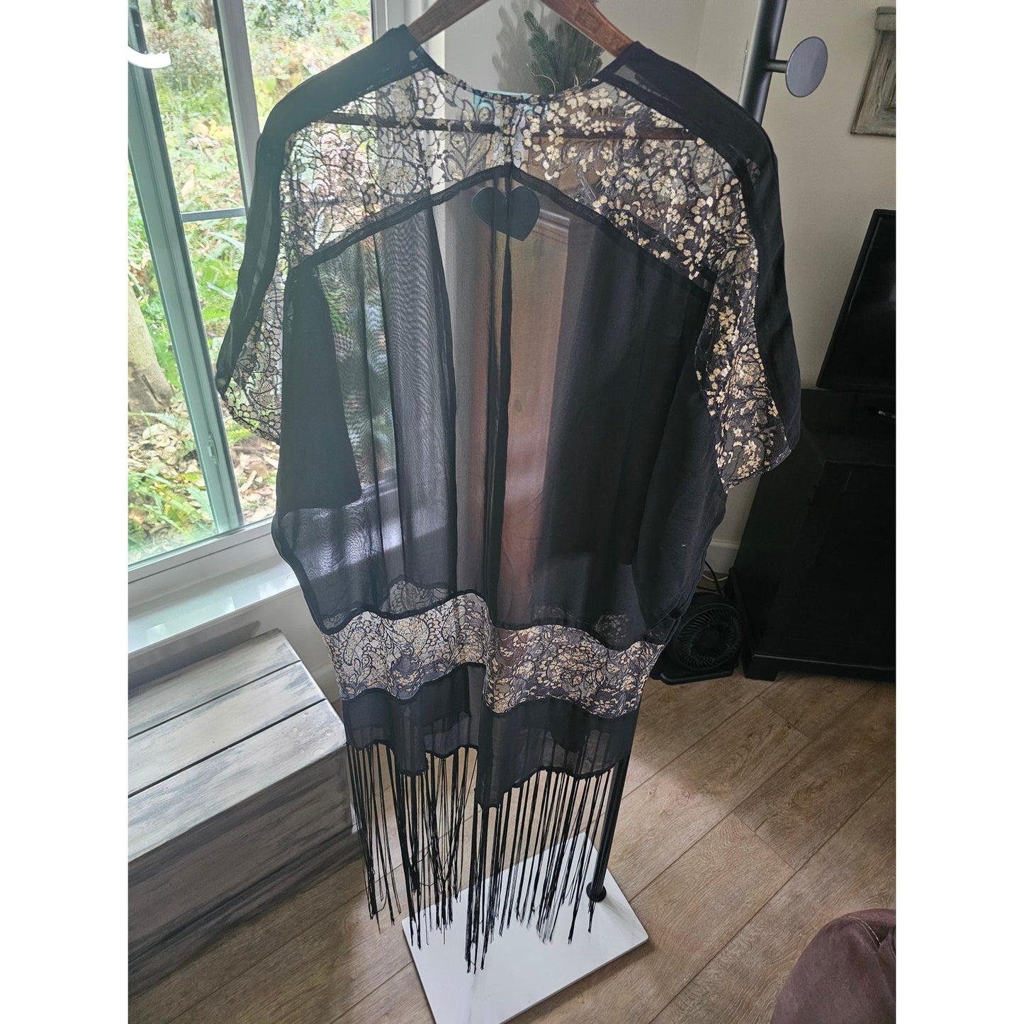 NWT Betsey Johnson black & gold Fringe Sheer Kimono ladies OSFM