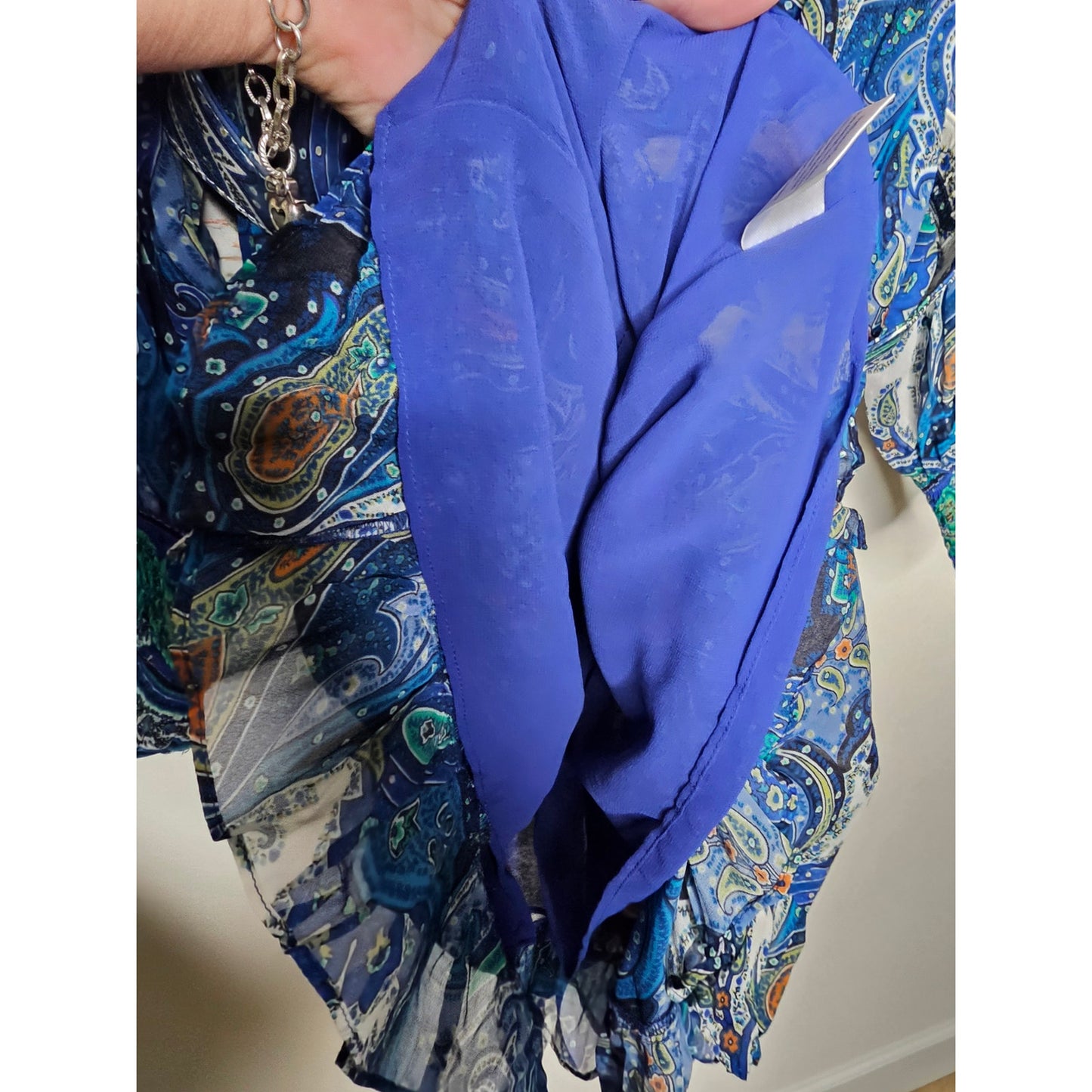 NWT Hale Bob Paisley Blue lightweight Dress Sheer long Sleeves ladies size XS