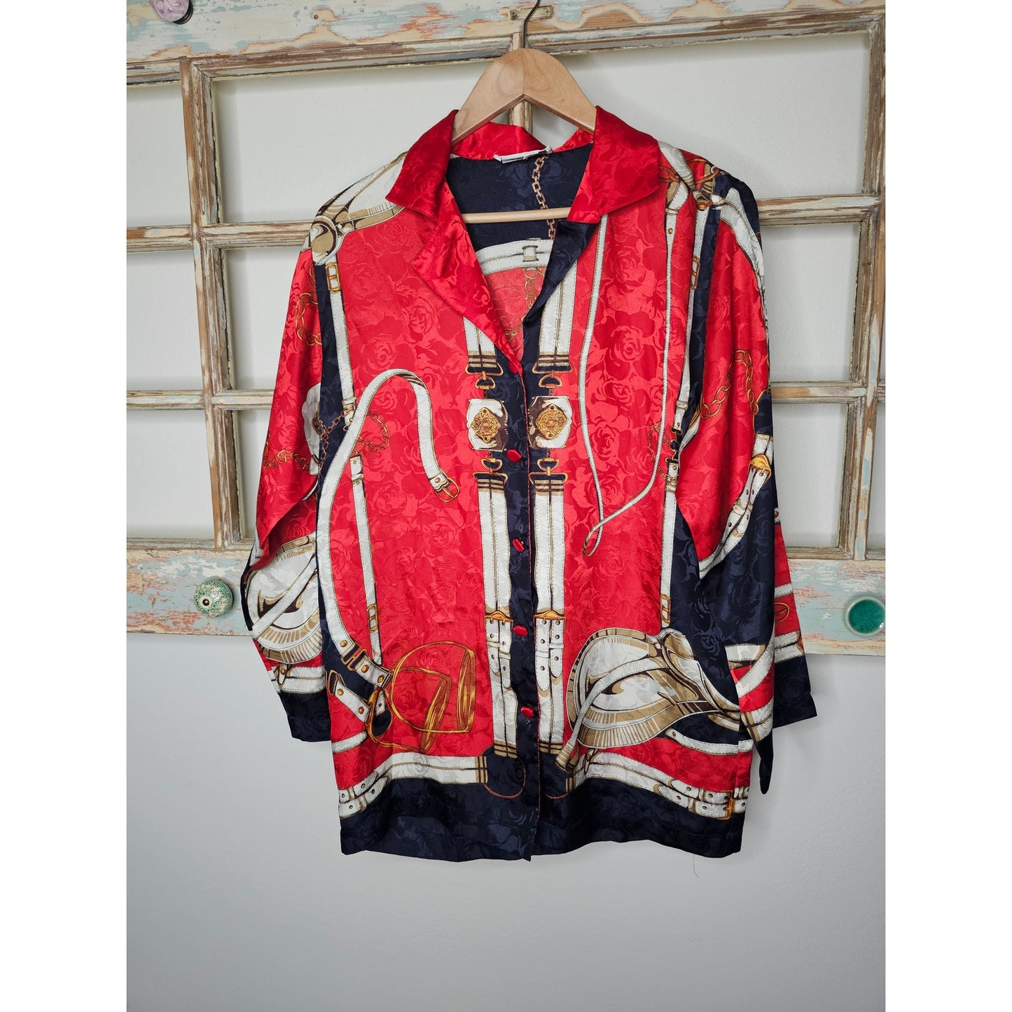 Vintage Equestrian Red/White/Blue Button Up Ladies Small Blouse