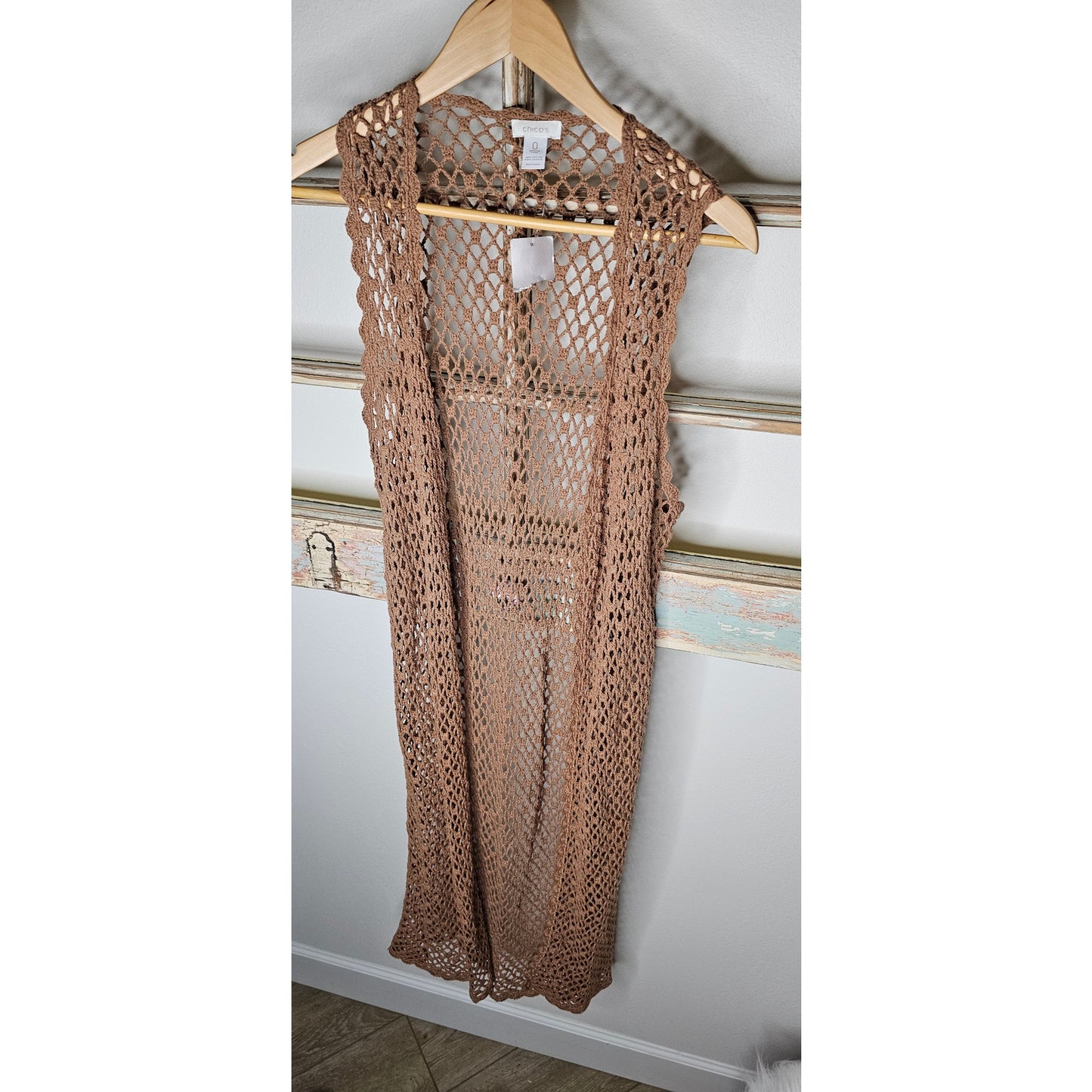 NWT Chico's Valerie Crochet Long Taupe Long Boho Open Vest XS / Chico's size 0