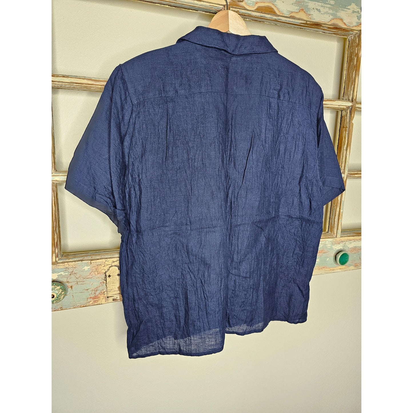 Irish Linen Navy Short Sleeve Button Up Shirt Richard Malcolm Size Large